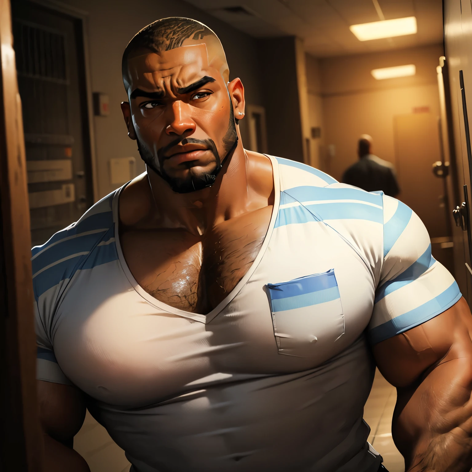 an exaggeratedly muscular and large bodyguard, beefy build, beard, dark-skinned african american male, buzzcut hair with square line, (worried expression: 1.2), (wearing striped prison shirt: 1.2), barely buttoned, school logo on shirt, (bara pecs: 1.3), (arm and hair: 1.1), portrait HD, dutch angle, (dirty prison hallway)
