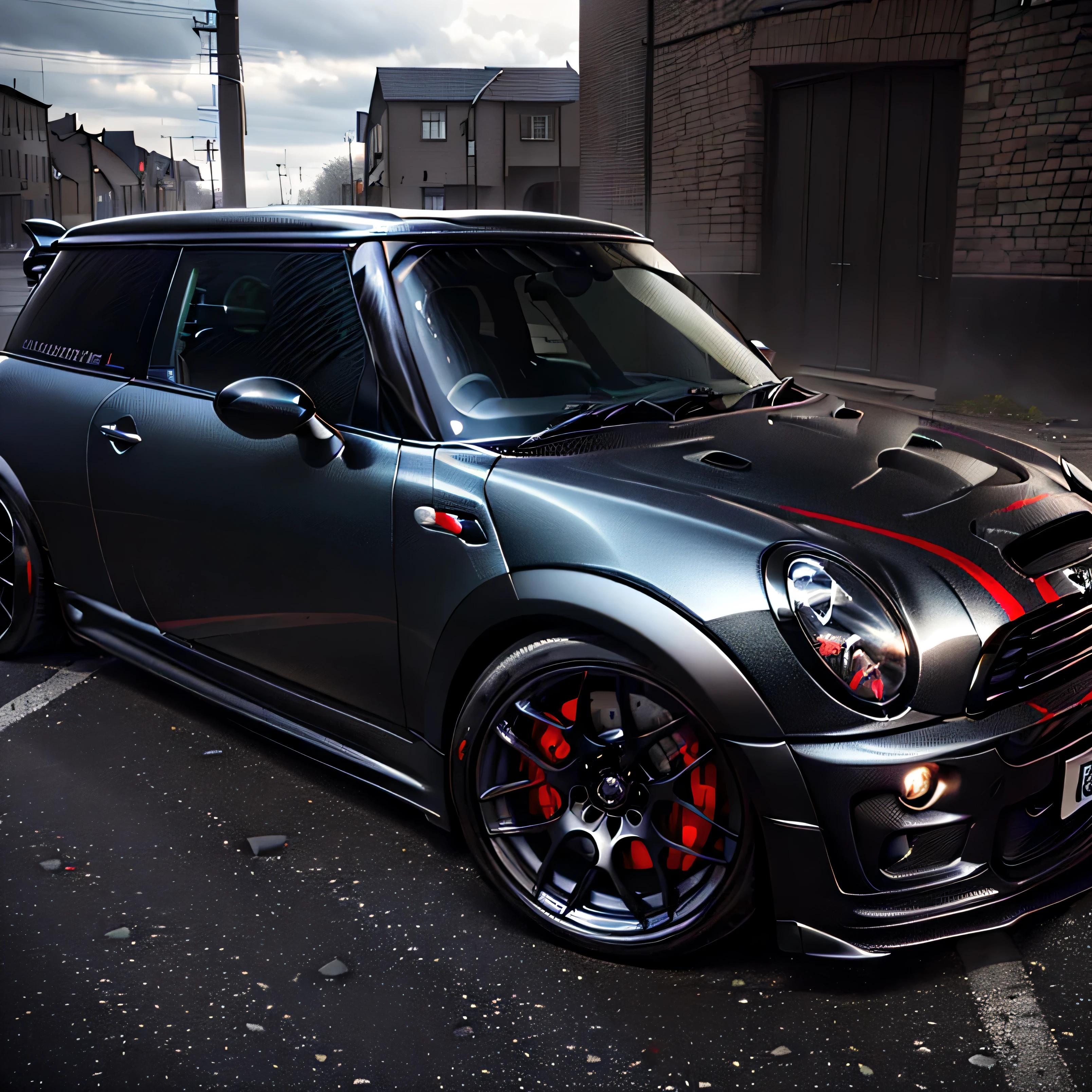 arafed carbon fibre mini cooper, wide body kit, epic stance, mini cooper, kodak chrome : : 8 k, full car, mini cooper s, full body wide shot, a wide full shot, candy apple blood red, powerful stance, front shot, black car, wide long shot, tunning, R56 Mini Cooper S JCW, ((carbon fibre, Liberty walk ultra wide body kit)), aggressive stance ((background: cobble stone streets, overcast sky, heavy industrial look, cobble stone street)), 8K quality, realistic, realism, sharp, detailed, ultrawide, black and carbon fibre scheme, front profile, epic stance, epic ultra wide body kit, super low stance, aggressive looks