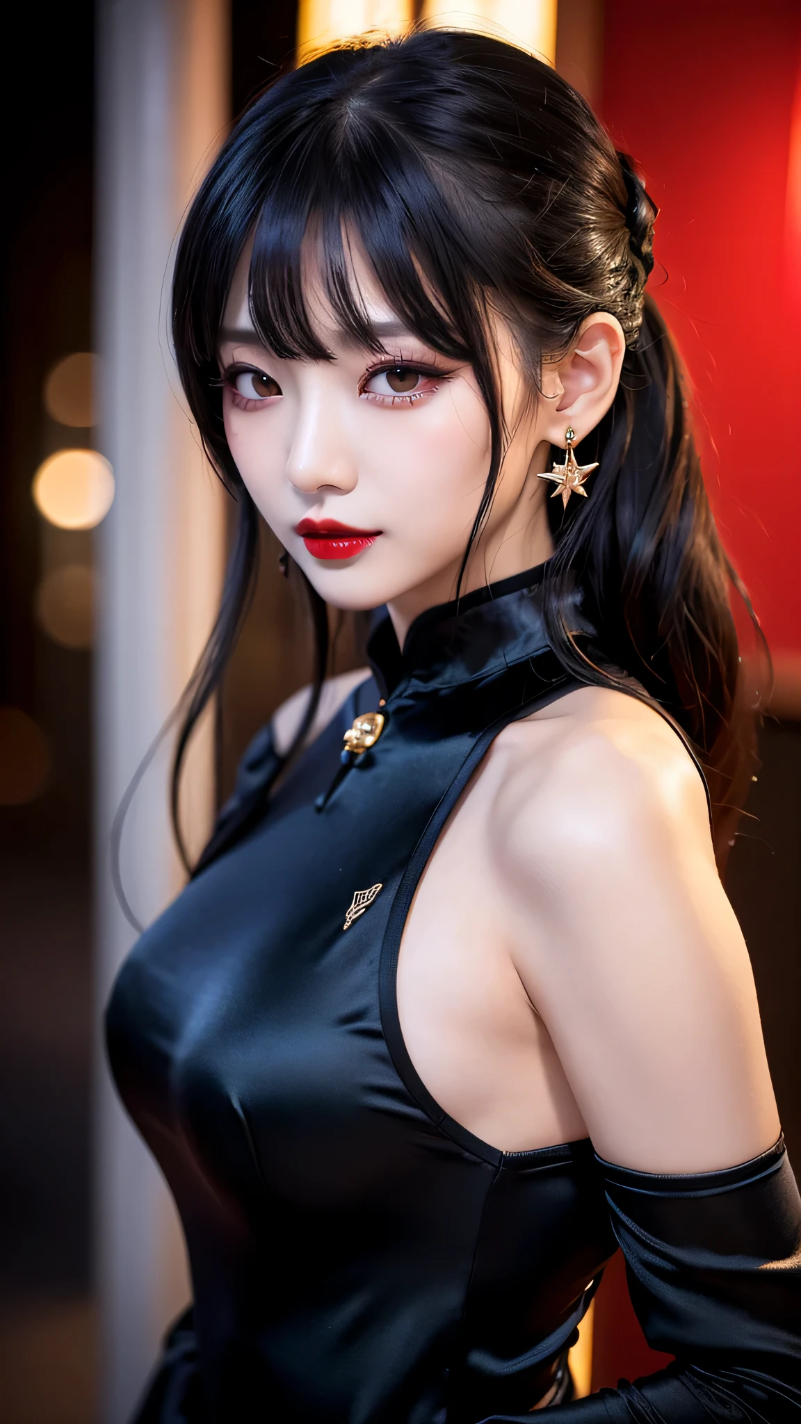 tra-detailed、Japanese、attractive beauty、seductive adult woman、pretty woman、piercing eyes、cool girl、short ponytail、wavy hair、swept bangs、Long Black Cheongsam、wide sleeves、Evil cadres、evil depravity、brainwash、mind control、lipstick、lip gloss、dark makeup、smirk、whisper in your ear、Evil expression、evil、hollow eyes,half-closed eyes、empty eyes、evil、church at night、vampire、succubus、vampire、Swear allegiance、sexy pose、hair ornaments、