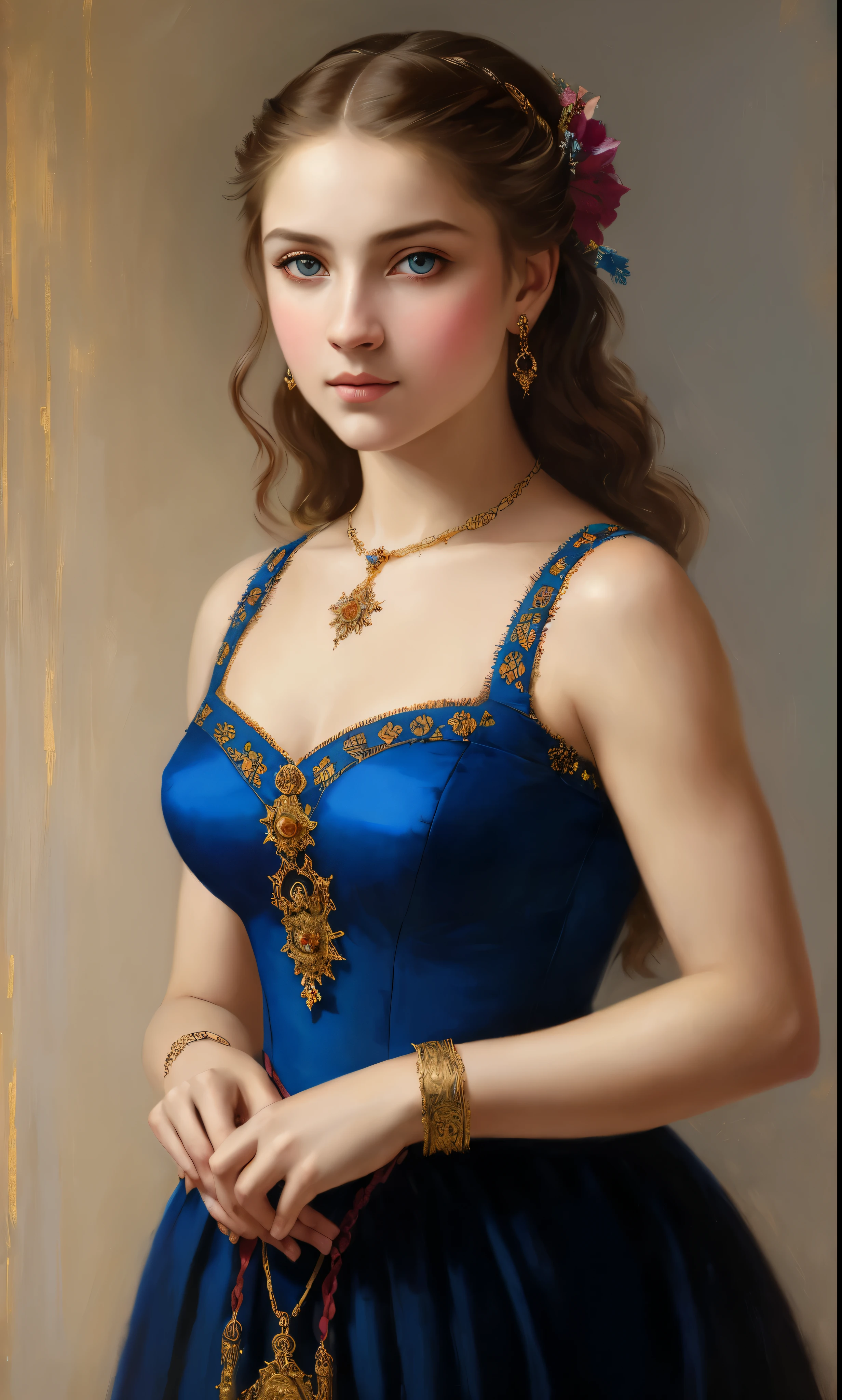portrait, girl, middle ages, classicism, andrey atroshenko style, painting, pierced eyes, beautifully styled hair, traditional media, realistic, figurative, fine art, oil on canvas, HDR, 8K, original character, high resolution, vivid colours, high detail, focus on the face, beautiful eyes