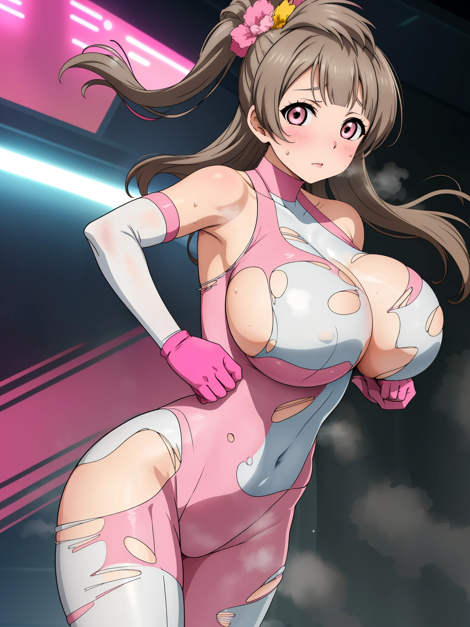 (tight white and pink bodysuit:1.3), (huge breasts), minami kotori , looking at viewer,solo , sweaty, steaming body, halter neck, bare shoulders , side slit ,(torn clothes:1.3), victory pose, motion blur,in pain, elbow gloves 