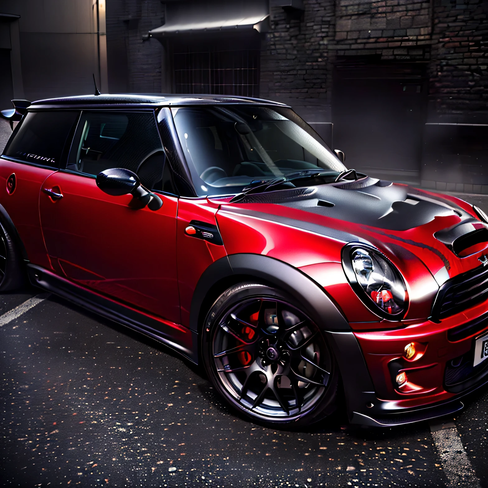 arafed carbon fibre mini cooper, wide body kit, epic stance, mini cooper, kodak chrome : : 8 k, full car, mini cooper s, full body wide shot, a wide full shot, candy apple blood red, powerful stance, front shot, black car, wide long shot, tunning, R56 Mini Cooper S JCW, ((carbon fibre, Liberty walk ultra wide body kit)), aggressive stance ((background: cobble stone streets, overcast sky, heavy industrial look, cobble stone street)), 8K quality, realistic, realism, sharp, detailed, ultrawide, black and carbon fibre scheme, front profile, epic stance, epic ultra wide body kit, super low stance, aggressive looks