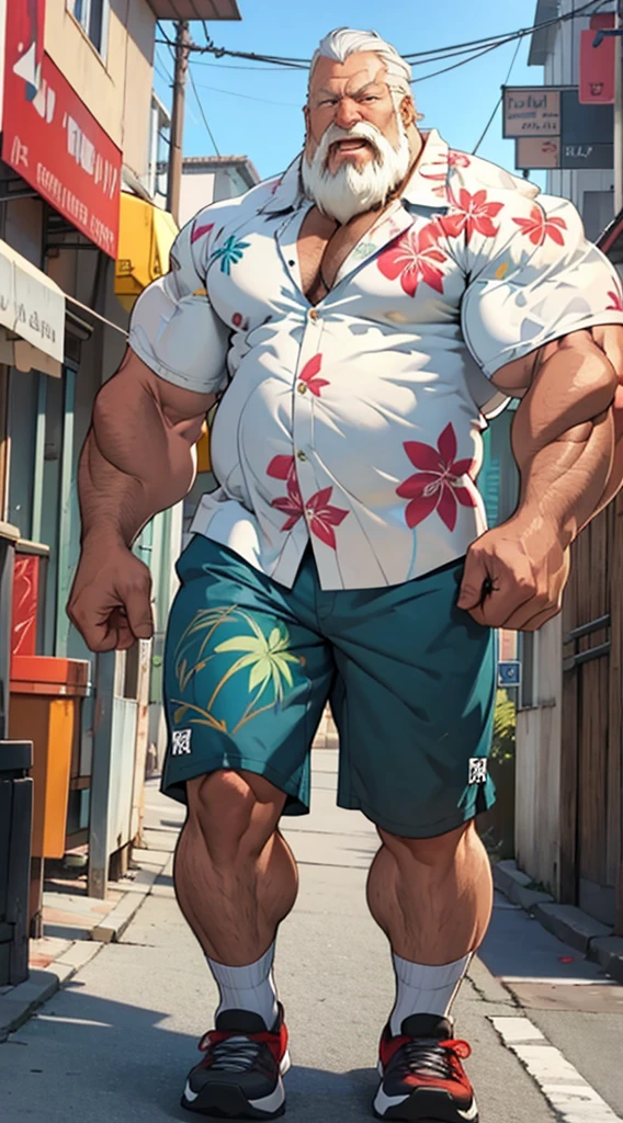 chubby old man in street city, old man, thick arm, huge arm, bearded. white hair and beard, bearded, muscular, pectoral, wide pectoral, beach, palm, realistic, 8k, masterpiece, (wearing shorts and white Hawaiian shirt, shoes)