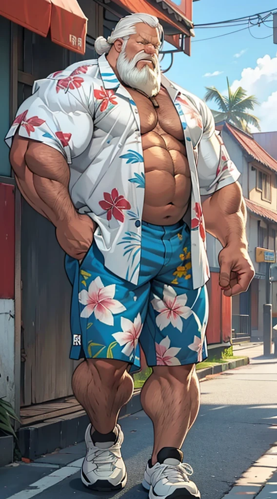 chubby old man in street city, old man, thick arm, huge arm, bearded. white hair and beard, bearded, muscular, pectoral, wide pectoral, beach, palm, realistic, 8k, masterpiece, (wearing shorts and white Hawaiian shirt, shoes)