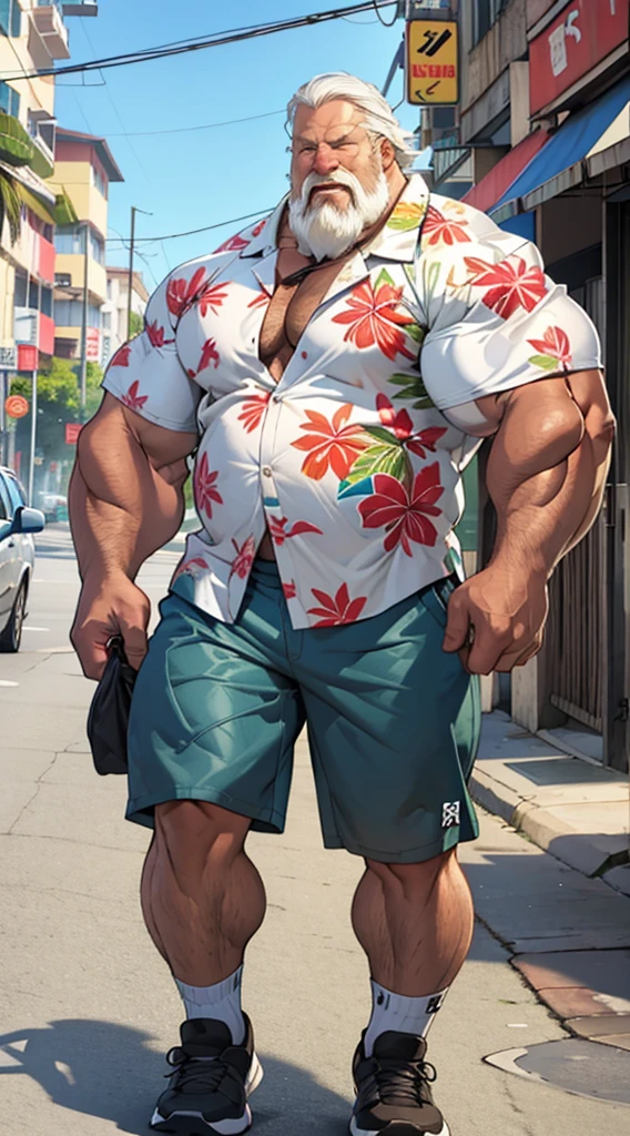 chubby old man in street city, old man, thick arm, huge arm, bearded. white hair and beard, bearded, muscular, pectoral, wide pectoral, beach, palm, realistic, 8k, masterpiece, (wearing shorts and white Hawaiian shirt, shoes)