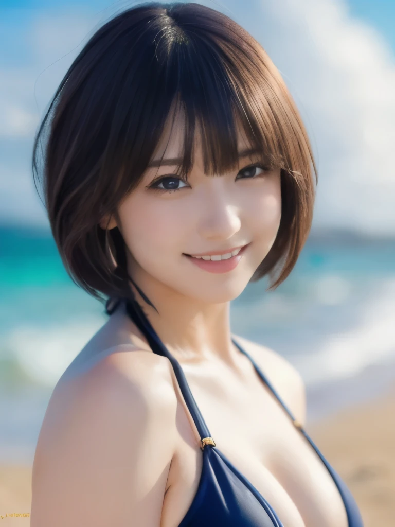 (RAW photo: 1.2), (realistic: 1.4), (highest quality: 1.4), ultra high resolution, (fine eyes),Full body photo,Gravure photography,blur the background,1 Sexy Actress, (big breasts),Black short-cut hair,((cute bikini)),bright eyes,blushing face,smile,Highly detailed face and skin texture, healthy skin,(beach),4K resolution