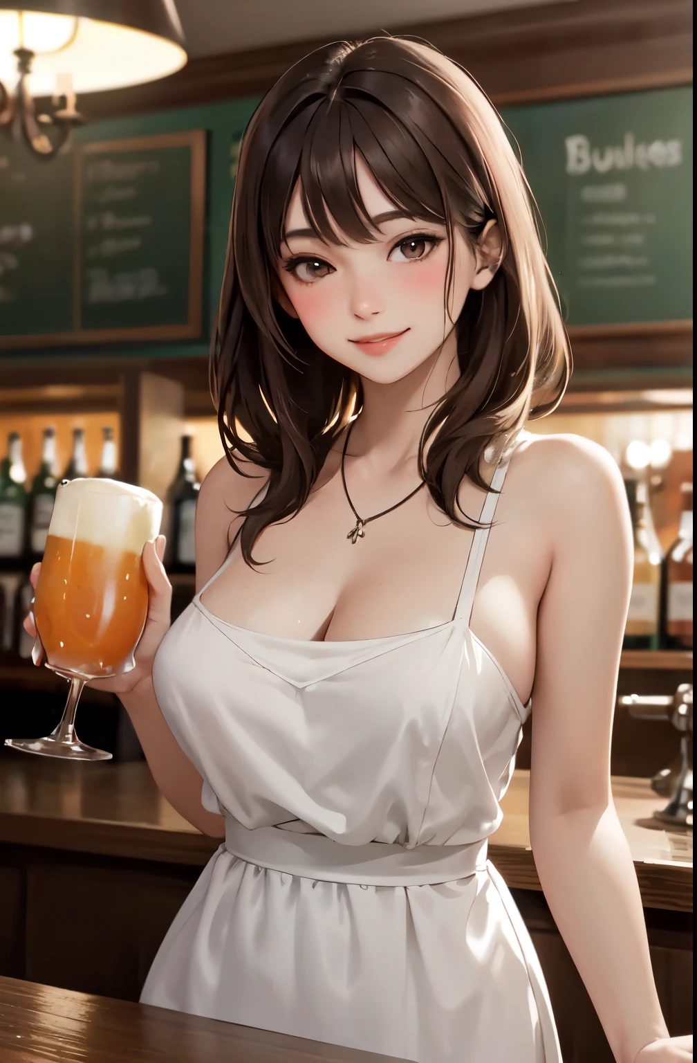 1lady solo, mature female, half body, /(short white dress/) /(sexy and revealing/) necklace, /(long brown hair/) bangs, (blush kind smile), (masterpiece best quality:1.2) delicate illustration ultra-detailed, large breasts, cleavage, BREAK /(inside a pub/), detailed background