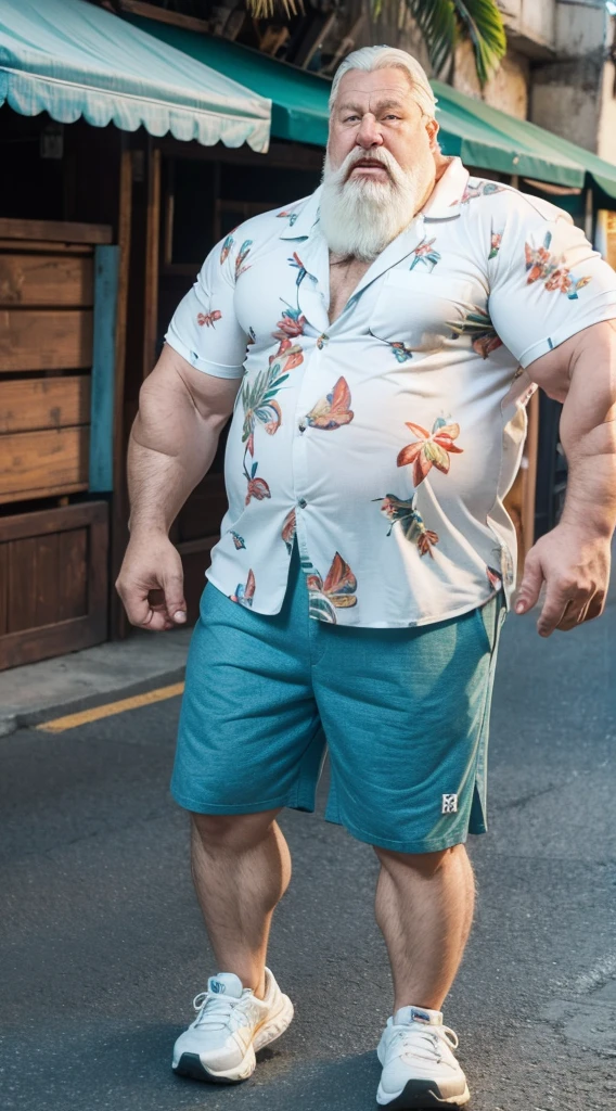 chubby old man in street city, old man, thick arm, huge arm, bearded. white hair and beard, bearded, muscular, pectoral, wide pectoral, beach, palm, realistic, 8k, masterpiece, (wearing shorts and white Hawaiian shirt, shoes)