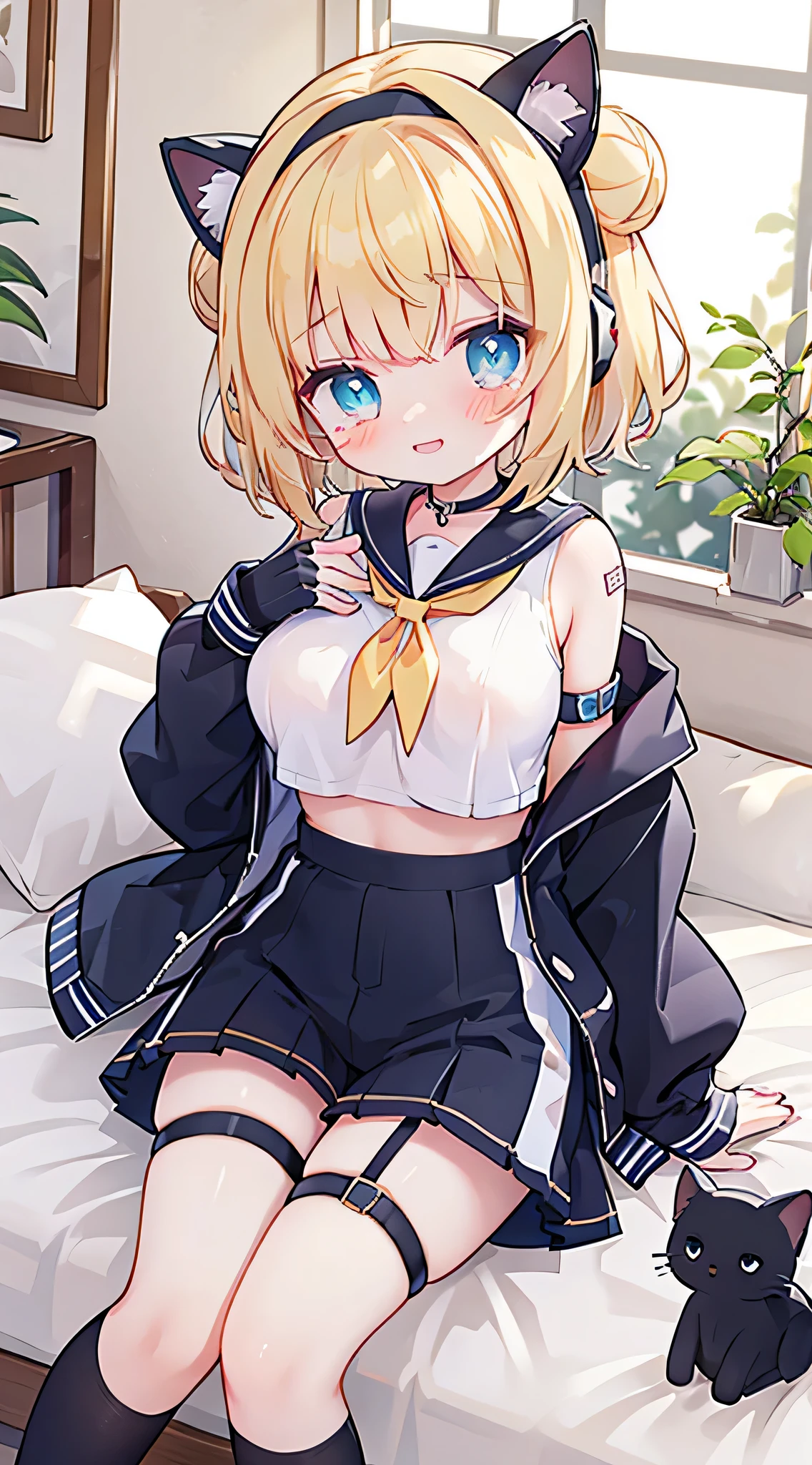 lying flat on bed,masterpiece,best quality,official art,extremely detailed CG unity 8k wallpaper, partially unbuttoned, soles of feet,Yuzu,Super huge breasts, kawaii, loli, very short hair, double_bun, shiny hair, blonde hair, antenna hair, hair bobbles, star hair ornament, cat hair ornament, crescent hair ornament, lolita hairband, cute face, beautiful detailed eyes, aqua eyes, heart-shaped pupils, seductive smile, embarrassed , blush, shy, nose blush , aqua eyes, crying with eyes open, huge breasts, between breasts, breasts apart, hanging breasts, bouncing breasts, breasts out, gym_uniform, tank_top, cropped jacket , black sports bra , crop top, bare_legs, bare_shoulders, sexy lingerie, transparent underwear, single kneehigh, socks, headphones around neck, sailor_collar, neckerchief, armband, armlet, arm strap, elbow gloves , half gloves , wristband, wrist_cuffs, bandaid, armpits, legs_up, undressing, shirt lift, adjusting_thighhigh, nipple_tweak, thigh_sex, footjob, masturbation, leg belt, white garter straps, black garter straps, black garter belt, ankle garter,