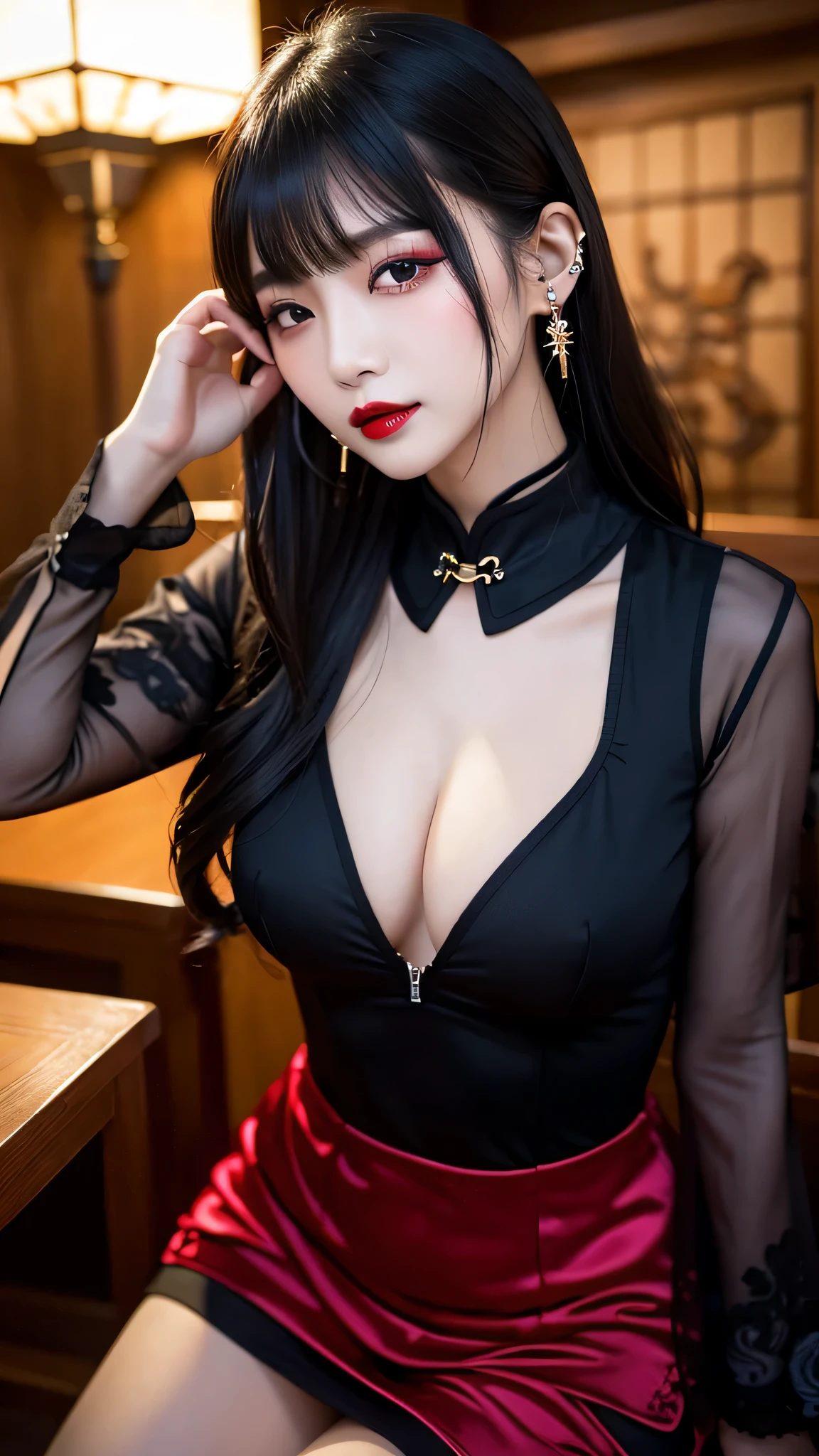 tra-detailed、Japanese、attractive beauty、seductive adult woman、pretty woman、piercing eyes、cool girl、short ponytail、wavy hair、swept bangs、Long Black Cheongsam、wide sleeves、Evil cadres、evil depravity、brainwash、mind control、lipstick、lip gloss、dark makeup、smirk、whisper in your ear、Evil expression、evil、hollow eyes,half-closed eyes、empty eyes、evil、church at night、vampire、succubus、vampire、Swear allegiance、sexy pose、hair ornaments、