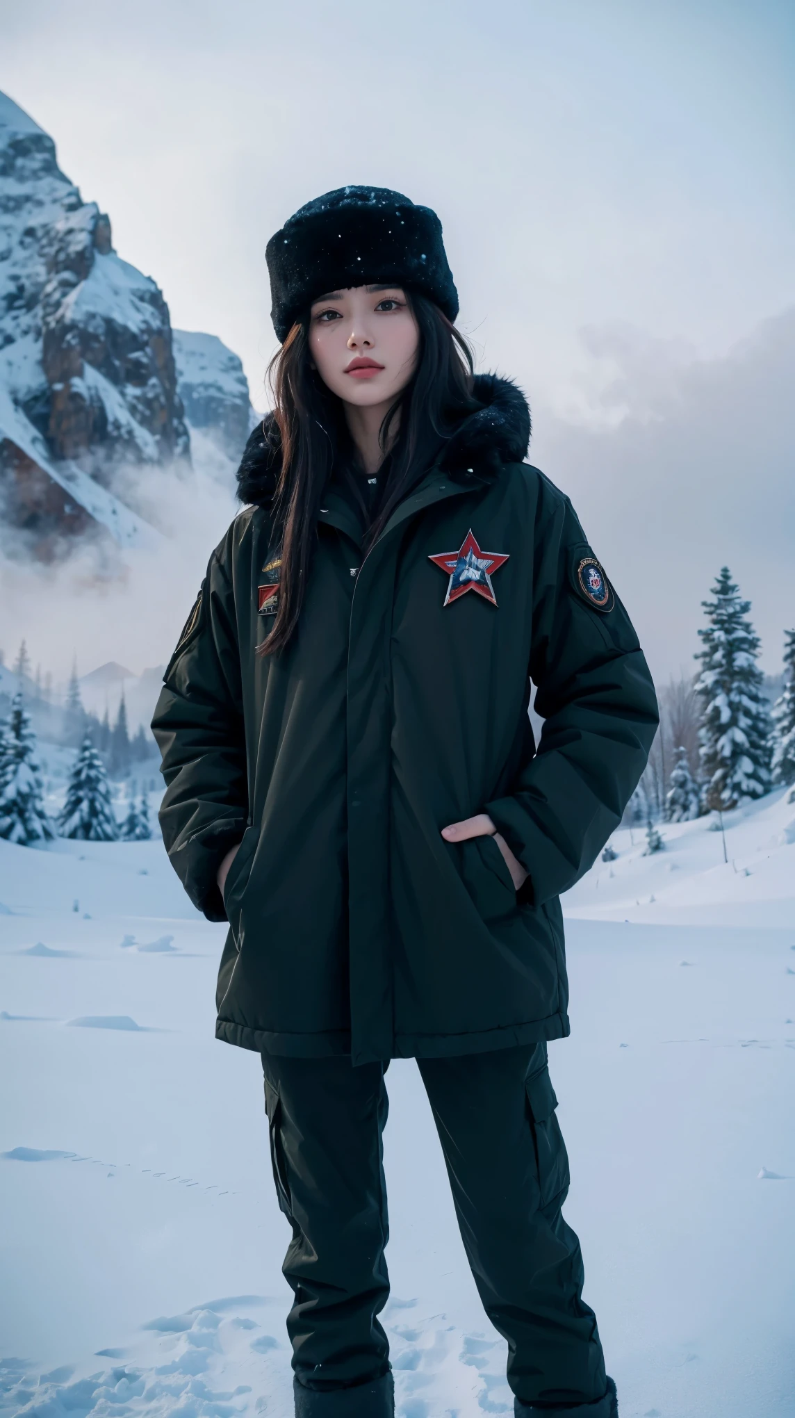 ((best quality)), ((masterpiece)), (detailed), perfect face, beautiful female, tall body, black hair, long hair, winter military uniform, thick winter combat suit, ushanka, ushanka with a red star in the middle, standing in the middle of a snowy mountain, breath emitting steam, sharp gaze at the viewer, badass looking, cool face, Hands put in pockets 