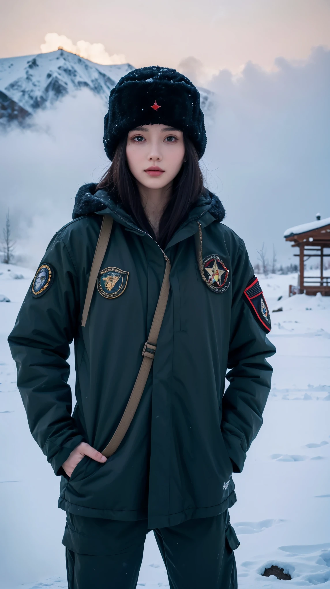 ((best quality)), ((masterpiece)), (detailed), perfect face, beautiful female, tall body, black hair, long hair, winter military uniform, thick winter combat suit, ushanka, ushanka with a red star in the middle, standing in the middle of a snowy mountain, breath emitting steam, sharp gaze at the viewer, badass looking, cool face, Hands put in pockets 