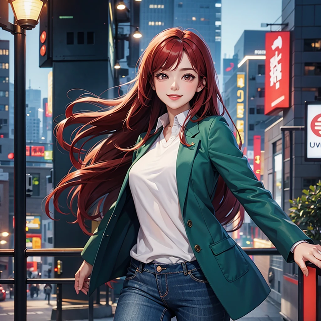 1woman, green jacket suit, blue jeans pant suit, background night city buildings, Long hair, red hair colour, red eyes, smile cute,