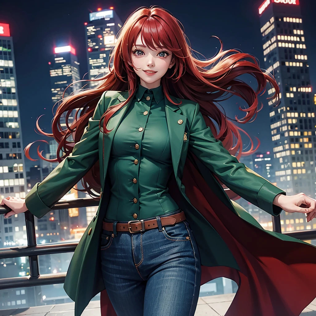 1woman, green jacket suit, blue jeans pant suit, background night city buildings, Long hair, red hair colour, red eyes, smile cute,