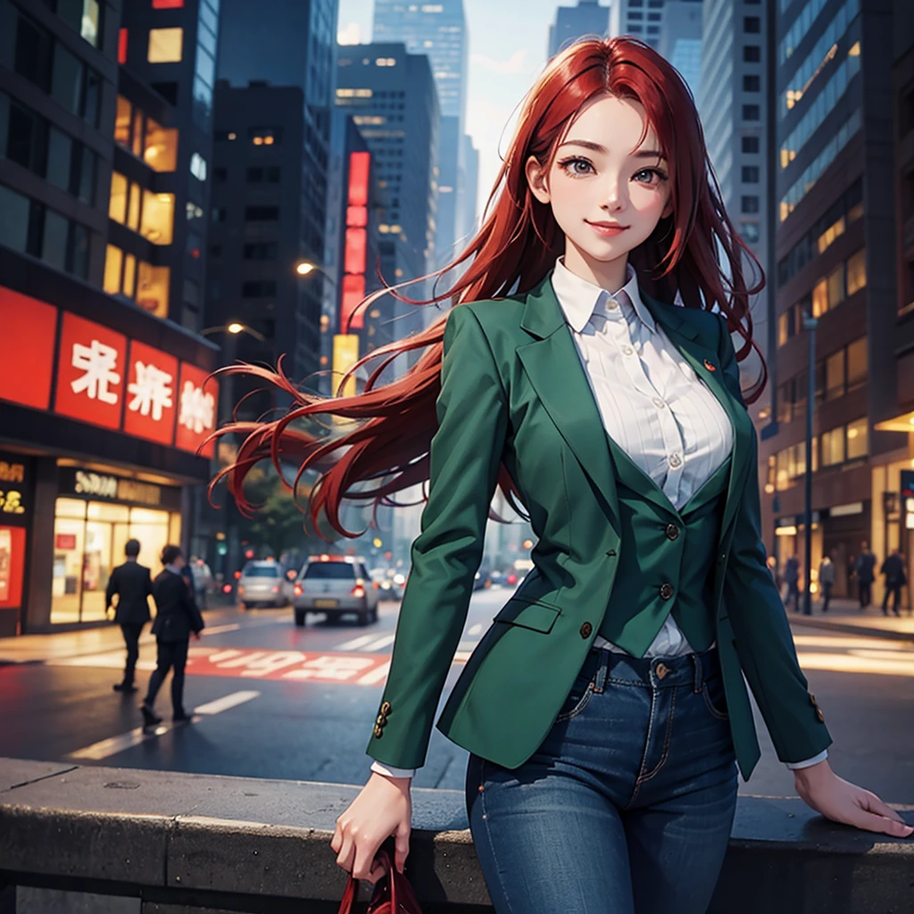 1woman, green jacket suit, blue jeans pant suit, background night city buildings, Long hair, red hair colour, red eyes, smile cute,