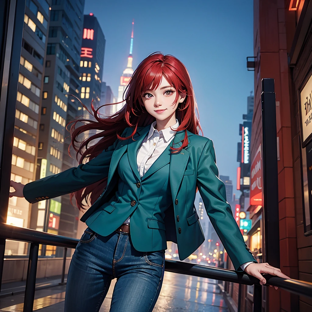1woman, green jacket suit, blue jeans pant suit, background night city buildings, Long hair, red hair colour, red eyes, smile cute, 