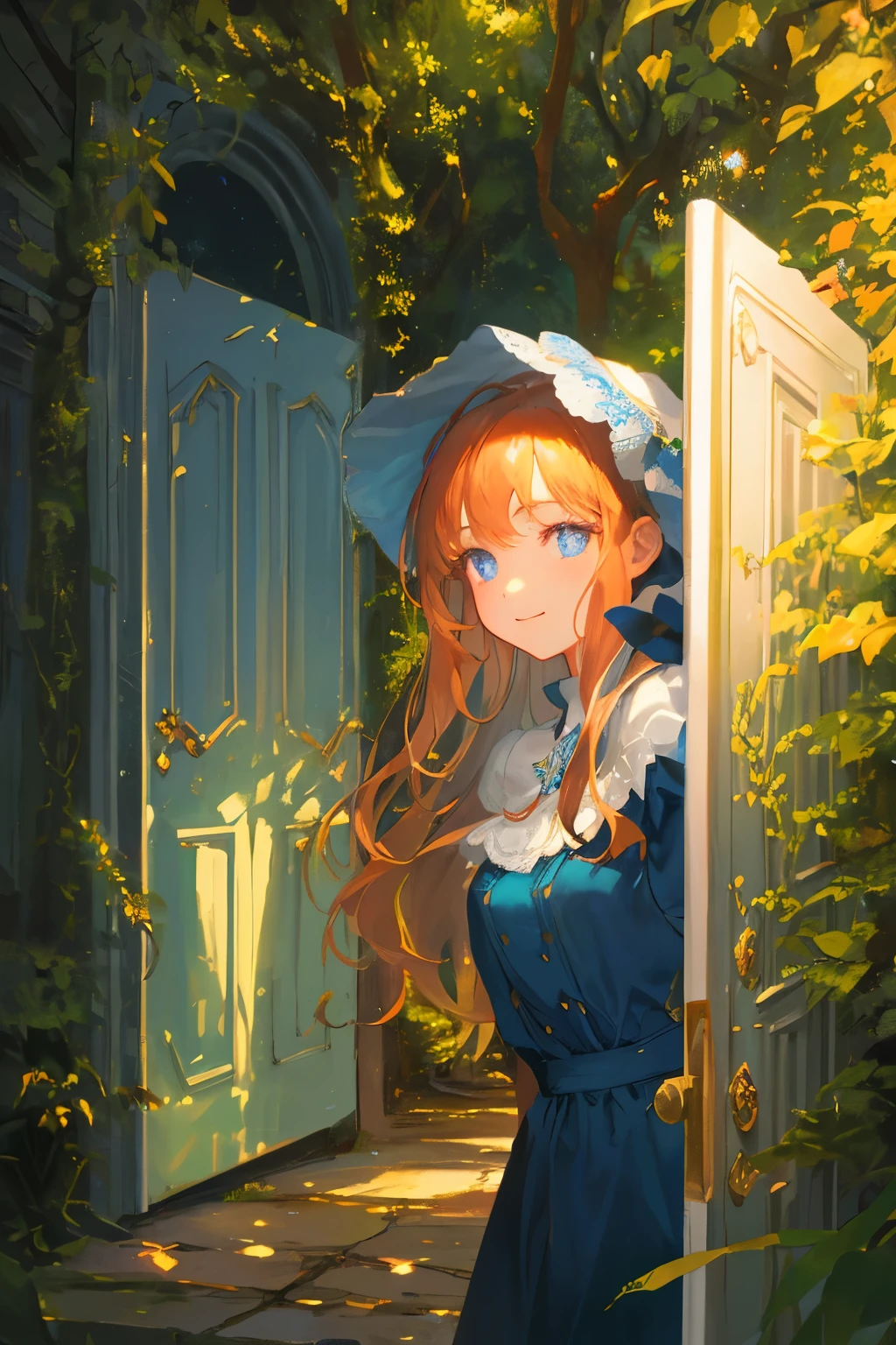 Create a high-quality illustration featuring a beautiful girl discovering a door in a nostalgic forest setting. The door should appear slightly weathered and partially overgrown with vegetation, adding to its mysterious allure. Surround the scene with intricate details, capturing the enchanting atmosphere of the forest. Pay close attention to the lighting, ensuring it enhances the overall nostalgic and fantastical vibe. The girl's expression should convey a sense of wonder and curiosity as she encounters the hidden door. Make sure to include subtle elements that invite viewers to explore the secrets that lie beyond the door. best quality, masterpiece, expressive eyes, gorgeous, vivid, perfect face, smile, happyness, 2eyes, emotion, detailed pupils, vivid pupils,stunning, life, relfection, peace, warm, compsition, artistic, 4k, wallpaper, bonnet, wind, glowing eyes,