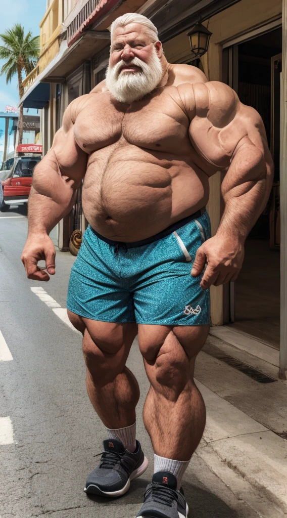 chubby old man in street city, old man, thick arm, huge arm, bearded. white hair and beard, bearded, muscular, pectoral, wide pectoral, beach, palm, realistic, 8k, masterpiece, (wearing shorts and shirtless, shoes)