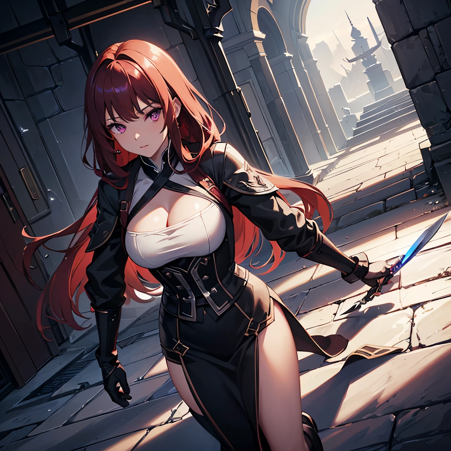 (Highly detailed CG Unity 8K wallpaper, masterpiece, highest quality, Super detailed), best illumination, white hood, Shadow, Mysterious, intense, (1 female) , Dark red hair, purple eyes, Deadly Weapons, sharp knife, black clothes, dark alley, moonlight, (((female assassin)))