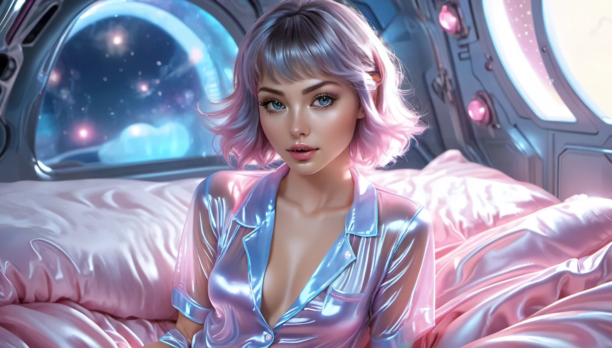 Masterpiece, Best Quality, ((cute girl in a shiny silk see through pyjamas, light blue, pink, short sleeves, small perky breasts, extremely detailed face, detailed eyes, detailed lips, random short hairstyle, small hips, in a spaceship, on a bed, full body view))