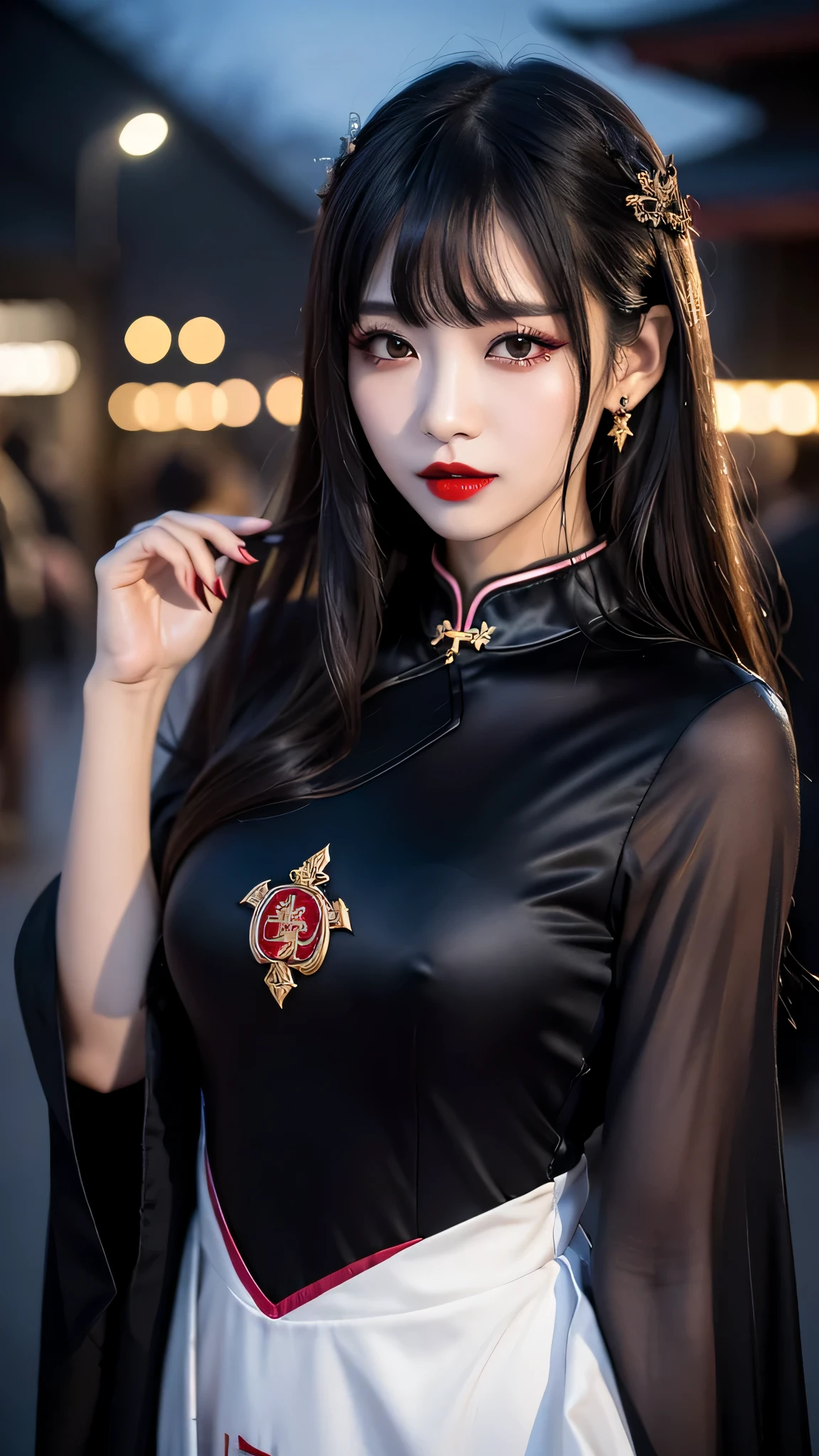 tra-detailed、Japanese、attractive beauty、seductive adult woman、pretty woman、piercing eyes、cool girl、wavy hair、swept bangs、Long Black Cheongsam、wide sleeves、Evil cadres、evil depravity、brainwash、mind control、lipstick、lip gloss、dark makeup、smirk、whisper in your ear、Evil expression、evil、hollow eyes,half-closed eyes、empty eyes、evil、church at night、vampire、succubus、vampire、Swear allegiance、sexy pose、hair ornaments、