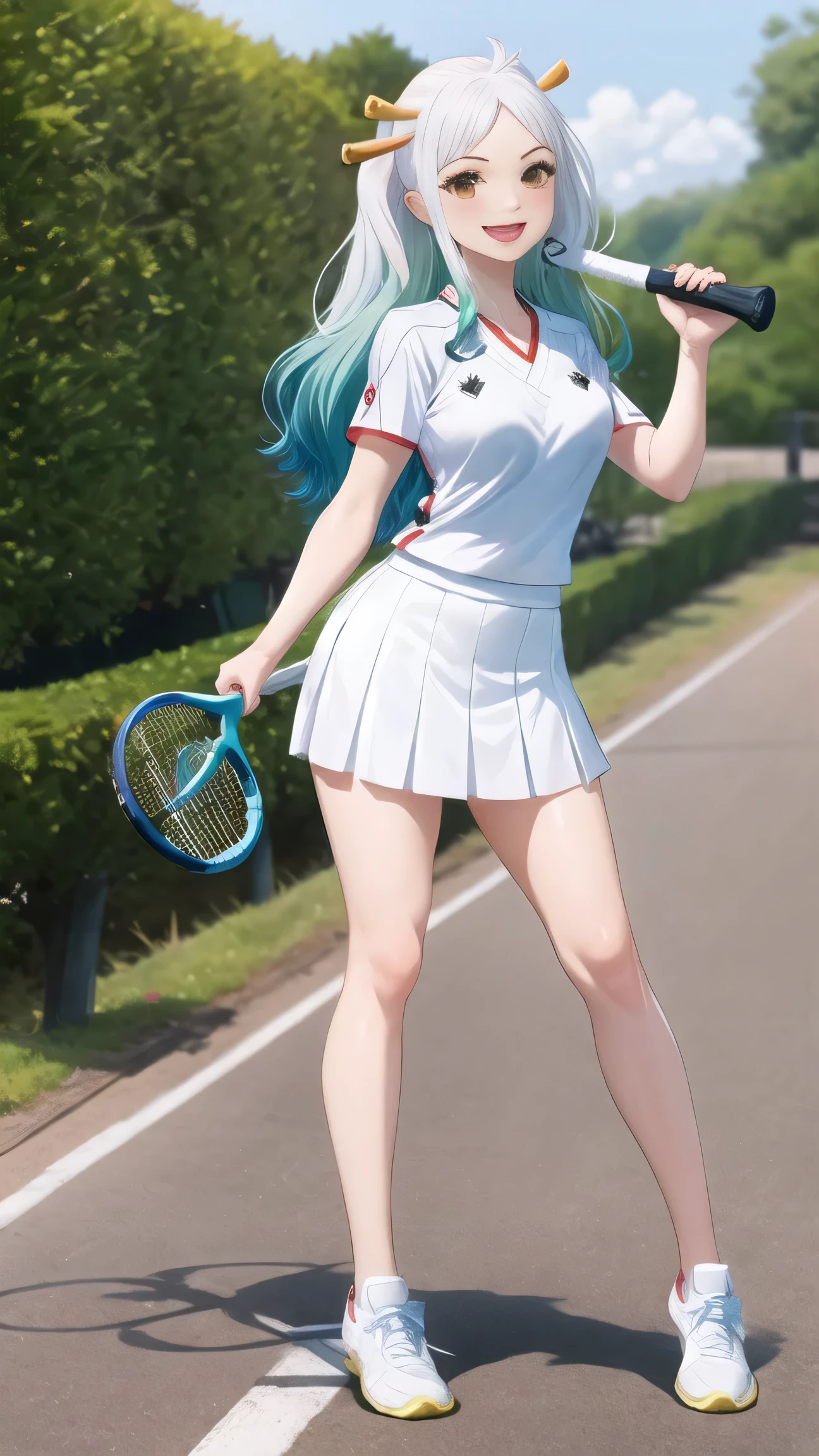 Yamato wearing tennis clothes with short skirt and holding tennis racket in her hand and smiling in the broad day light.(Full body)
