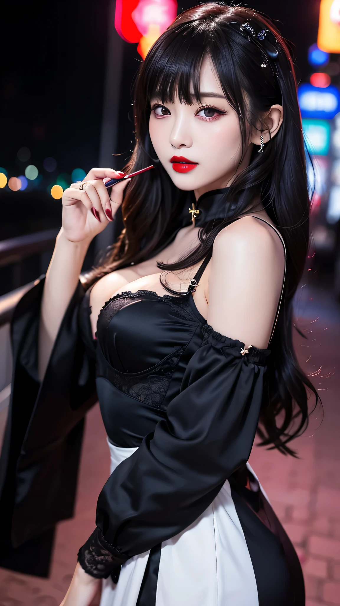 tra-detailed、Japanese、attractive beauty、seductive adult woman、pretty woman、piercing eyes、cool girl、wavy hair、swept bangs、Long Black Cheongsam、wide sleeves、Evil cadres、evil depravity、brainwash、mind control、lipstick、lip gloss、dark makeup、smirk、whisper in your ear、Evil expression、evil、hollow eyes,half-closed eyes、empty eyes、evil、church at night、vampire、succubus、vampire、Swear allegiance、sexy pose、hair ornaments、