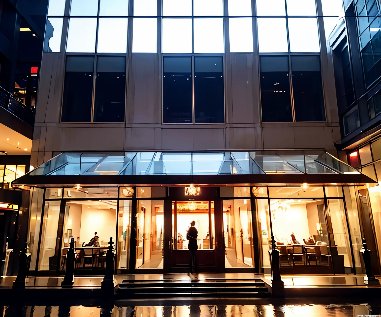 Luxury entrance door, A symbol of luxury in public spaces, (Highly reflective glass curtain wall:1.2), (sunset time:1.2), There are many cars and people, Luxurious atmosphere, Luxury building surrounding, (Neon lights outline the building:1.2), (Neon lights on the street:1.2), (There are bright lights on the railings:1.4), warm light, (There are many tall trees in front of and around the building:1.2) Artistically enhance your background，RAW photos that reflect the beauty of nature, Original texture, Surreal, 32k Ultra HD, DSLR camera, soft light, high quality, Movie ratings, Fuji XT3 