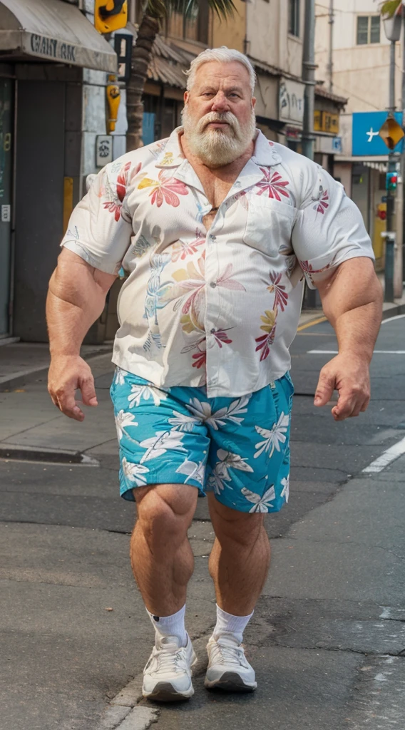 chubby old man in street city, old man, thick arm, huge arm, bearded. white hair and beard, bearded, muscular, pectoral, wide pectoral, beach, palm, realistic, 8k, masterpiece, (wearing shorts and white Hawaiian shirt, shoes)