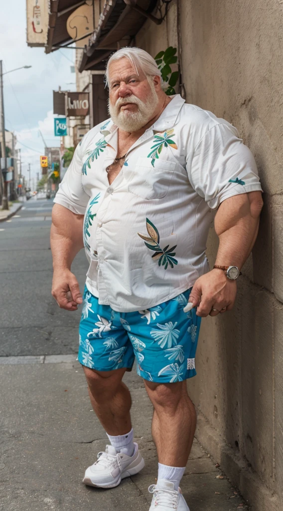 chubby old man in street city, old man, thick arm, huge arm, bearded. white hair and beard, bearded, muscular, pectoral, wide pectoral, beach, palm, realistic, 8k, masterpiece, (wearing shorts and white Hawaiian shirt, shoes)