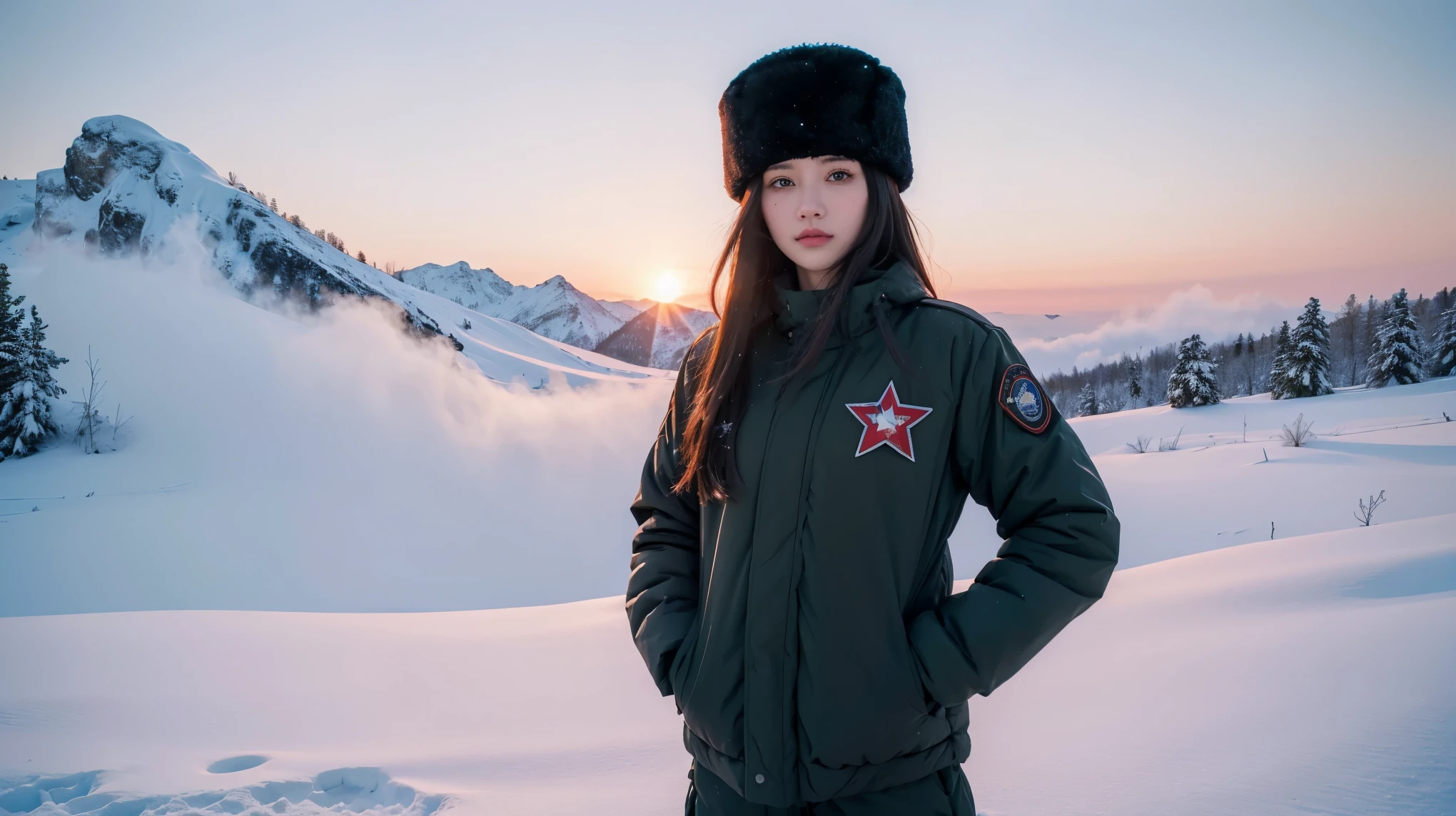 ((best quality)), ((masterpiece)), (detailed), perfect face, beautiful female, tall body, black hair, long hair, winter military uniform, thick winter combat suit, ushanka, ushanka with a red star in the middle, standing in the middle of a snowy mountain, breath emitting steam, sharp gaze at the viewer, badass looking, cool face, Hands put in pockets