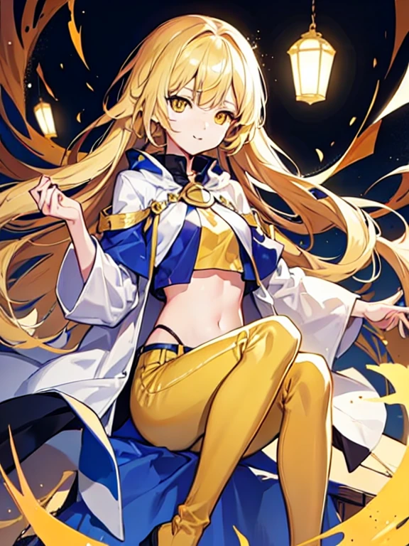 F/GO art style drawing illustration, long straight deep yellow hair, soft smile with bright yellow eyes, cute priestess girl, yellow cropped-top tailcoat, long cotton pants, knee-high boots