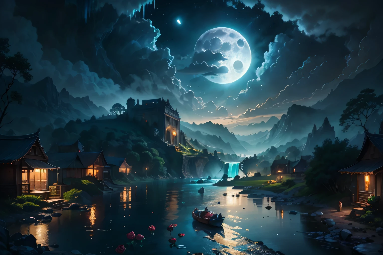 there is a large waterfall in the middle of a Mountain, ancient capital, amazing matte painting of an island, the The Lost City of Atlantis, an aztec city in a island lake, ancient capital landscape, The Lost City of Atlantis, by Marc Simonetti. Complex, beautiful concept art, stunning concept art, very realistic concept art, art style of by Marc Simonetti, (((masterpiece))), 最high quality, high quality, very detailed CG unity 8k wallpaper, scenery, outdoor, null, cloud, unmanned, Mountain, landscape, water, wood, blue null, waterfall, cliff, nature, lake, river, cloudy null,award winning photography, Bokeh, Depth of the bounds written, HDR, bloom, chromatic aberration ,realistic,very detailed, Trending with ArtStation, Trending on CGsociety, Complex, high detail, dramatic, mid-journey art, tall waterfall, painting of a river with rocks and woods in the foreground, near a river, landscape, dense forest, waterfall, crystal clear water, night light,((full moon)), colorful, river with rocks, Iwahashi, amazing, fantasy, ((Roses and flowers by the pond)), ((oil)), moon landscape reflected in river, ((Iwahashi))