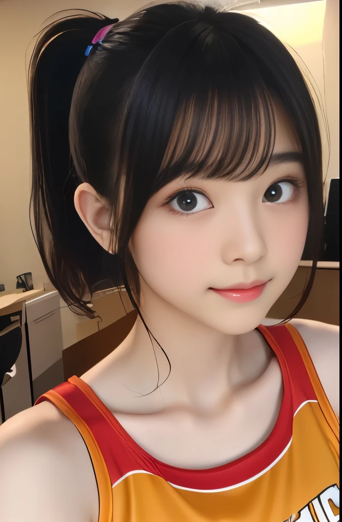 highest quality,photo quality,ultra high resolution,professional lighting,,beautiful actress,thin face,healthy complexion,Japanese,black hair,（short bangs),long hair,ponytail（cheerleader:1.1),mini skirt,natural makeup