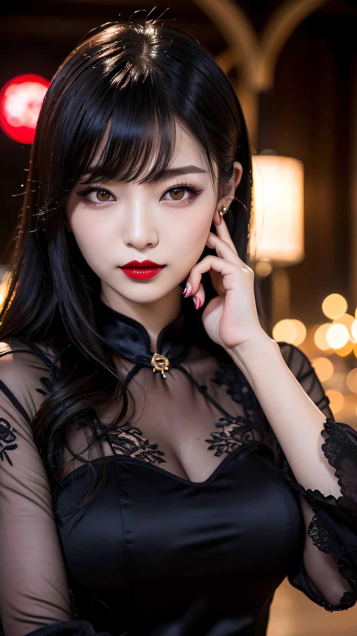 tra-detailed、Japanese、attractive beauty、seductive adult woman、pretty woman、piercing eyes、cool girl、wavy hair、swept bangs、Long Black Cheongsam、wide sleeves、Evil cadres、evil depravity、brainwash、mind control、lipstick、lip gloss、dark makeup、smirk、whisper in your ear、Evil expression、evil、hollow eyes,half-closed eyes、empty eyes、evil、church at night、vampire、succubus、vampire、Swear allegiance、sexy pose、hair ornaments、