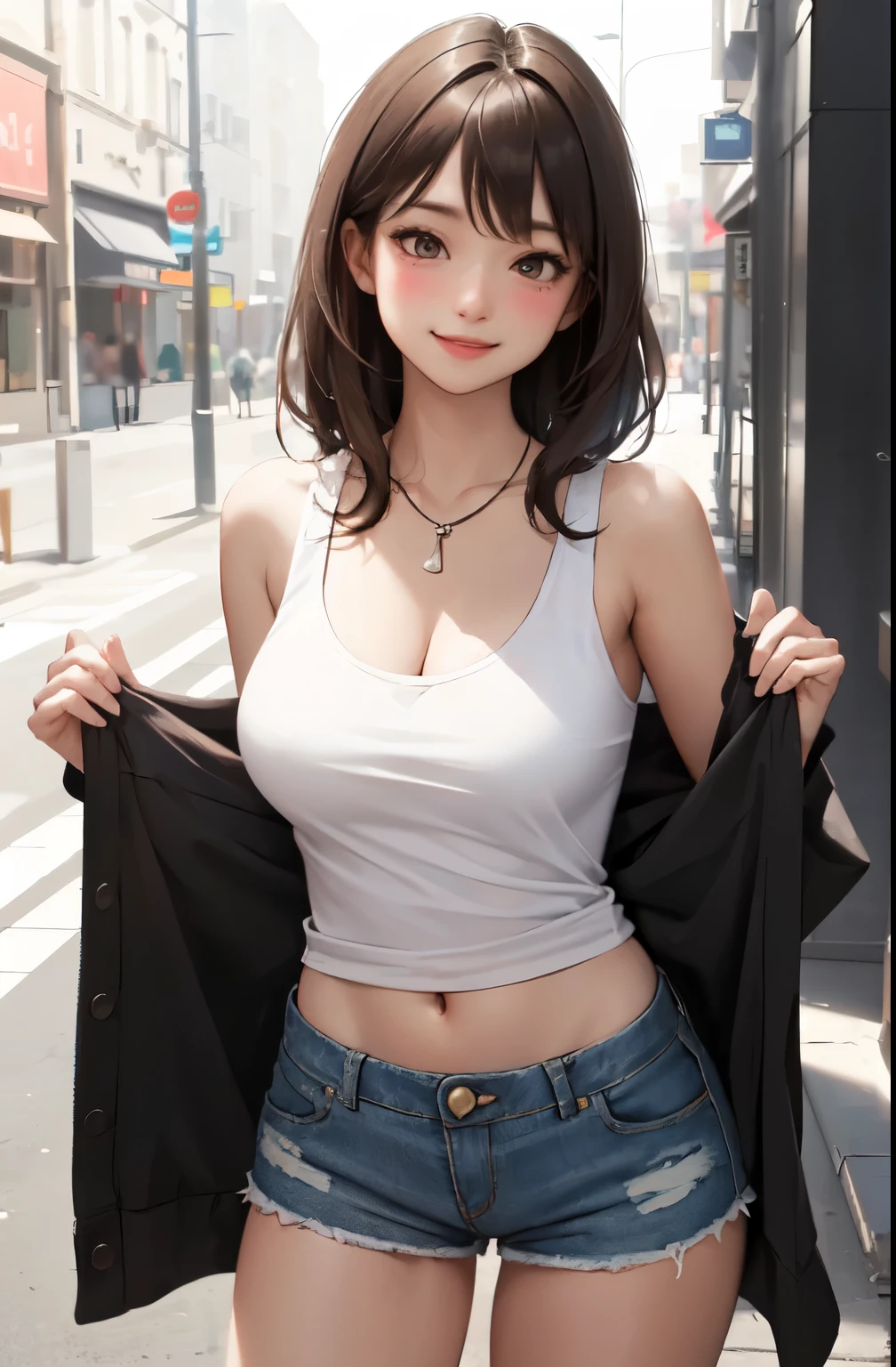 a girl in valentine's day waiting for her boyfriend showing her tits, looking at the camera, sexy shorts, ((detailed)), festival scenery, medium breasts, flirtatious, short hair, ((very detailed)), perfectly detailed face, detailed hand, photorealistic image.