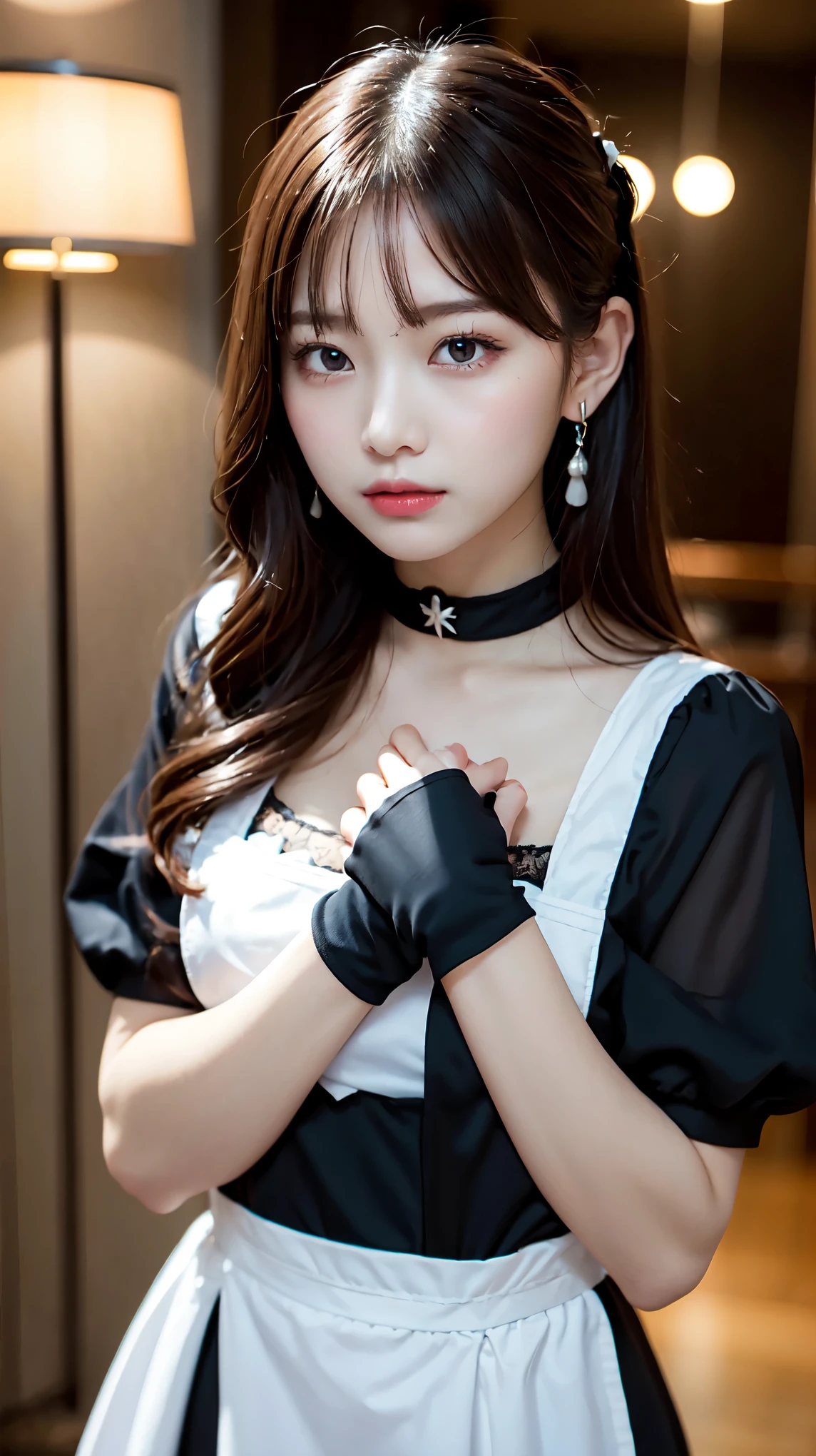 Wear the cutest gothic maid outfit in the world,The cutest maid choker in the world、The cutest gloves in the world、The most beautiful skin in the world、The most beautiful earrings in the world、The cutest sleeping face in the world、The cutest gravure idol pose in the world、perfect proportions、cute、((18 year old female:1.2))、young adorable japanese face，official art，Highly detailed CG Unity 8K wallpaper，（masterpiece:1.0),(highest quality:1.0), 超A high resolution,4k,Super detailed, photo shoot, 8K, nffsw, High resolution, kodak portrait 400, film grain, lens flare glow,高いest quality,8K,nffsw:1.2),portrait shot,8K、View viewer