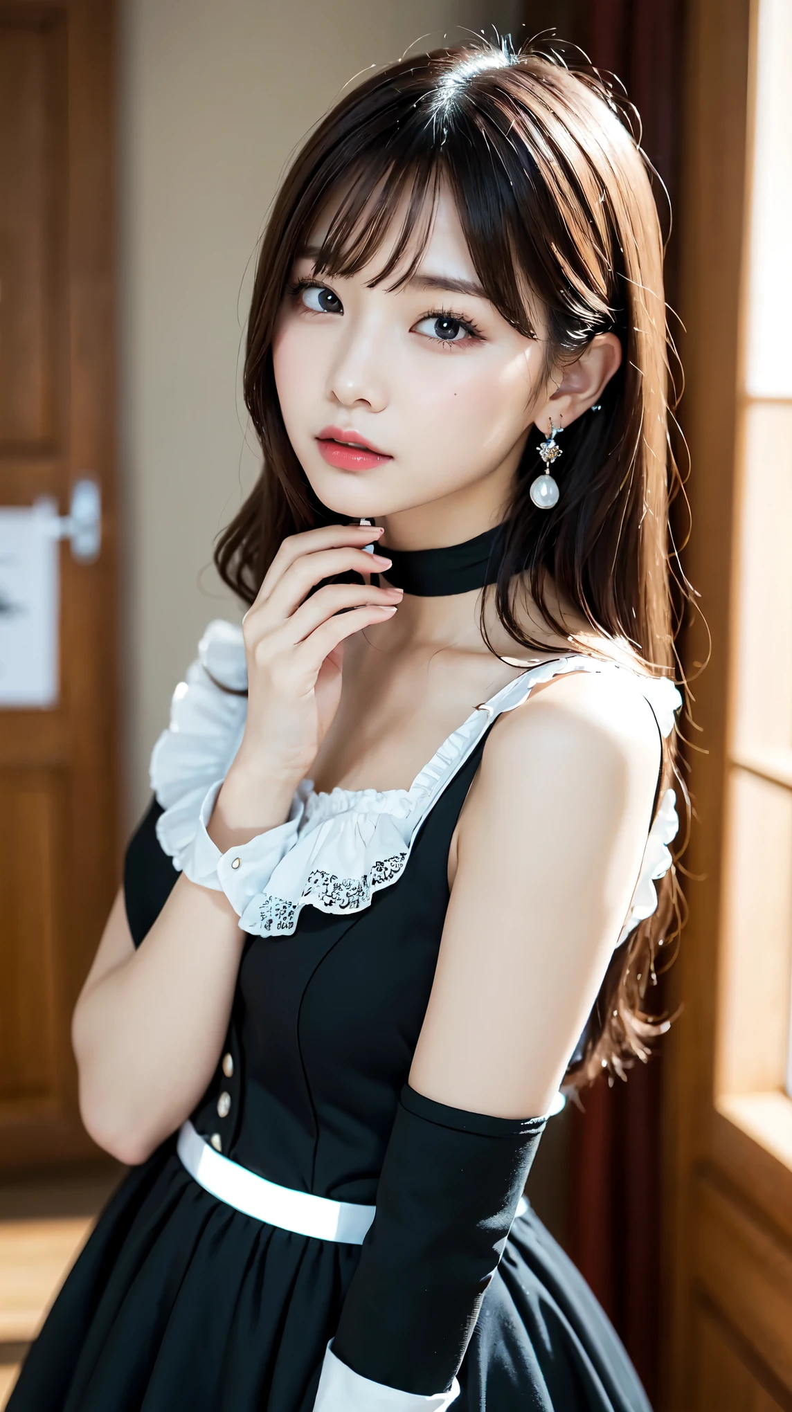 Wear the cutest gothic maid outfit in the world,The cutest maid choker in the world、The cutest gloves in the world、The most beautiful skin in the world、The most beautiful earrings in the world、The cutest sleeping face in the world、The cutest gravure idol pose in the world、perfect proportions、cute、((18 year old female:1.2))、young adorable japanese face，official art，Highly detailed CG Unity 8K wallpaper，（masterpiece:1.0),(highest quality:1.0), 超A high resolution,4k,Super detailed, photo shoot, 8K, nffsw, High resolution, kodak portrait 400, film grain, lens flare glow,高いest quality,8K,nffsw:1.2),portrait shot,8K、View viewer