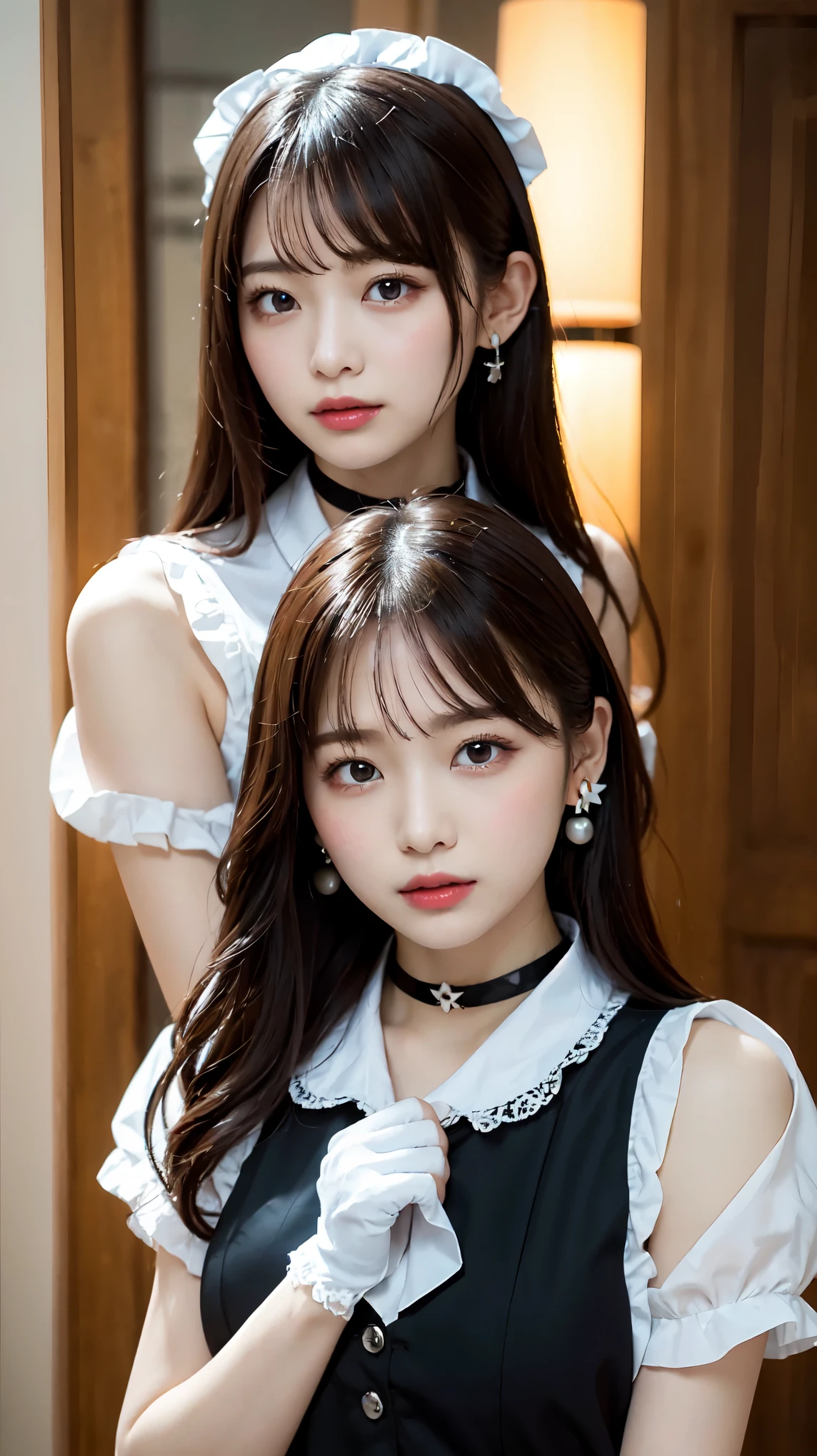 Wear the cutest gothic maid outfit in the world,The cutest maid choker in the world、The cutest gloves in the world、The most beautiful skin in the world、The most beautiful earrings in the world、The cutest sleeping face in the world、The cutest gravure idol pose in the world、perfect proportions、cute、((18 year old female:1.2))、young adorable japanese face，official art，Highly detailed CG Unity 8K wallpaper，（masterpiece:1.0),(highest quality:1.0), 超A high resolution,4k,Super detailed, photo shoot, 8K, nffsw, High resolution, kodak portrait 400, film grain, lens flare glow,高いest quality,8K,nffsw:1.2),portrait shot,8K、View viewer