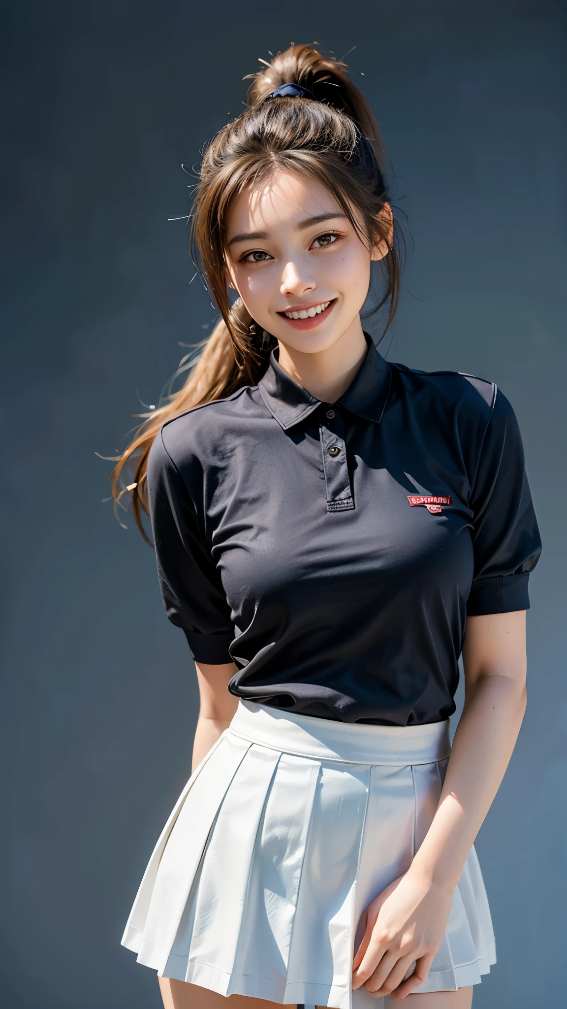 highest quality, masterpiece, ultra high resolution, (realistic:1.4), (front portrait) Raw photo, 1 girl, 20-year-old,((Flared miniskirt uniform)),((ponytail and hair tie)),realistic,((Random stunning backgrounds)), Pi,((toothy smile)),