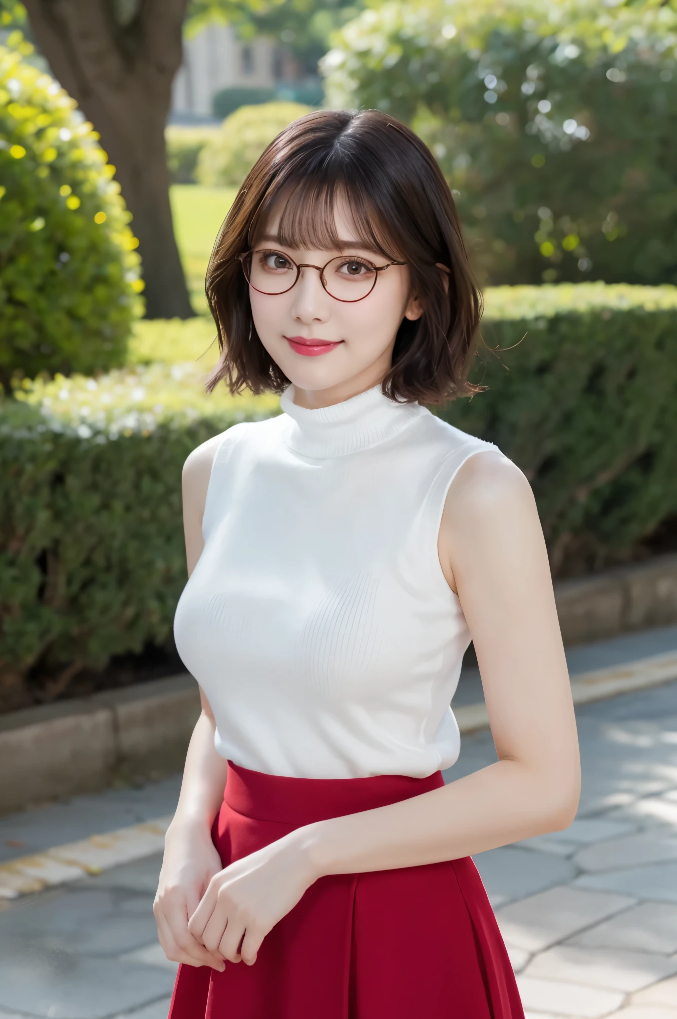 (highest quality、table top、8K、best image quality、Award-winning work)、one beautiful woman、25 years old、(alone:1.1)、perfect beautiful composition、(big and full breasts:1.1)、(emphasize body line:1.1)、( Berry short cut hair:1.1)、(Perfect white turtleneck sleeveless knit sweater:1.2)、(Classy and perfect round glasses:1.2)、(Elegant red melton skirt:1.2)、(full body photo:1.1)、look at me and smile、(Strongly blurred precise city park background:1.1)、stand gracefully、droopy eyes、natural makeup、Ultra high definition beauty face、Ultra HD Hair、Ultra-high definition sparkling eyes、Super high resolution glossy lips、accurate anatomy、(very bright and vivid:1.1)