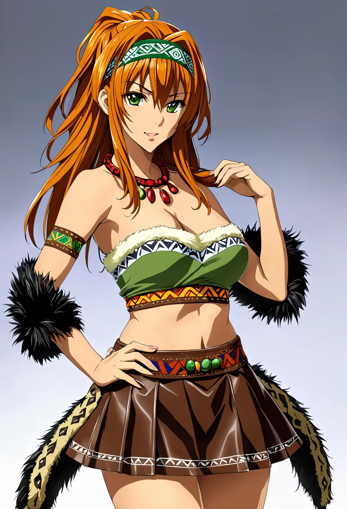 best quality, masterpiece, (realistic:1.2), 1 girl,Akeno himejima, high school dxd,  thick curly hair, messy hair, orange hair, perfect feminine face, almond-shape eyes, green eyes, in tribal clothing, headband, tribal headband, leather headband, fur trim, face painting, ((full-body potrait)), tube top, leather skirt, detached sleeves, fur trim sleeves, fur trim skirt