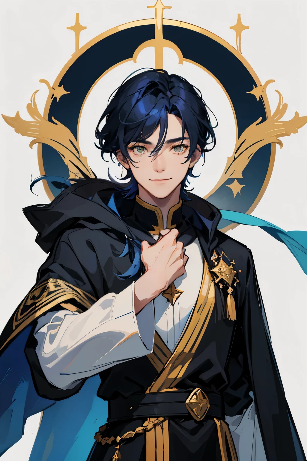 1 male, a men who is twenty-five year old, Dark-blue haired male character, Dark-blue medium-length hair, half body, high precision, fine, male character, HD face, fine eyes, yellow eyes like the star, modern clothing, black shirt, white tunic, single, black long-sleeved coat, dark circles, three-seven bangs, wizard, star, He is smiling, sharp, Innocent, (((cute smilling))), adult, white background