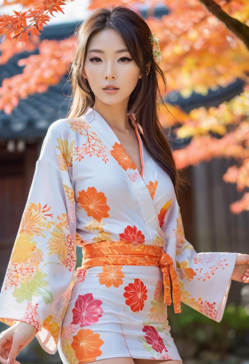 a beautiful 20 years old Japanese fashion model, full cosmetic makeup, slim body, white skin, outdoor in colorful autumn, sexy short tight yukata outfit with nipples, buttocks, detailed face