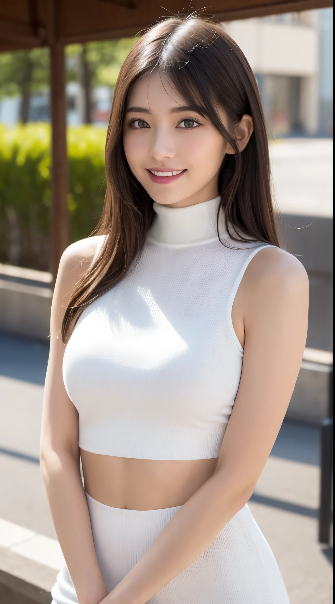 dessus de la table, best quality, photorealistic, finely detailed, high resolution, Fonds d'8k screen, Composition dynamique parfaite, Beautiful detailed eyes, cheveux moyens, gros seins pleins, Random and sexy poses,Rassemblez votre poitrine、(Cropped tank top with high neck and open chest, tricot blanc, Clear Clave)、(Renflement mammaire 1.2)、Un sourire、ouvrir la bouche ouverte、Paysage de station、25 ans、(Yeux tombants 1.4)、Adult beauty、Japonais