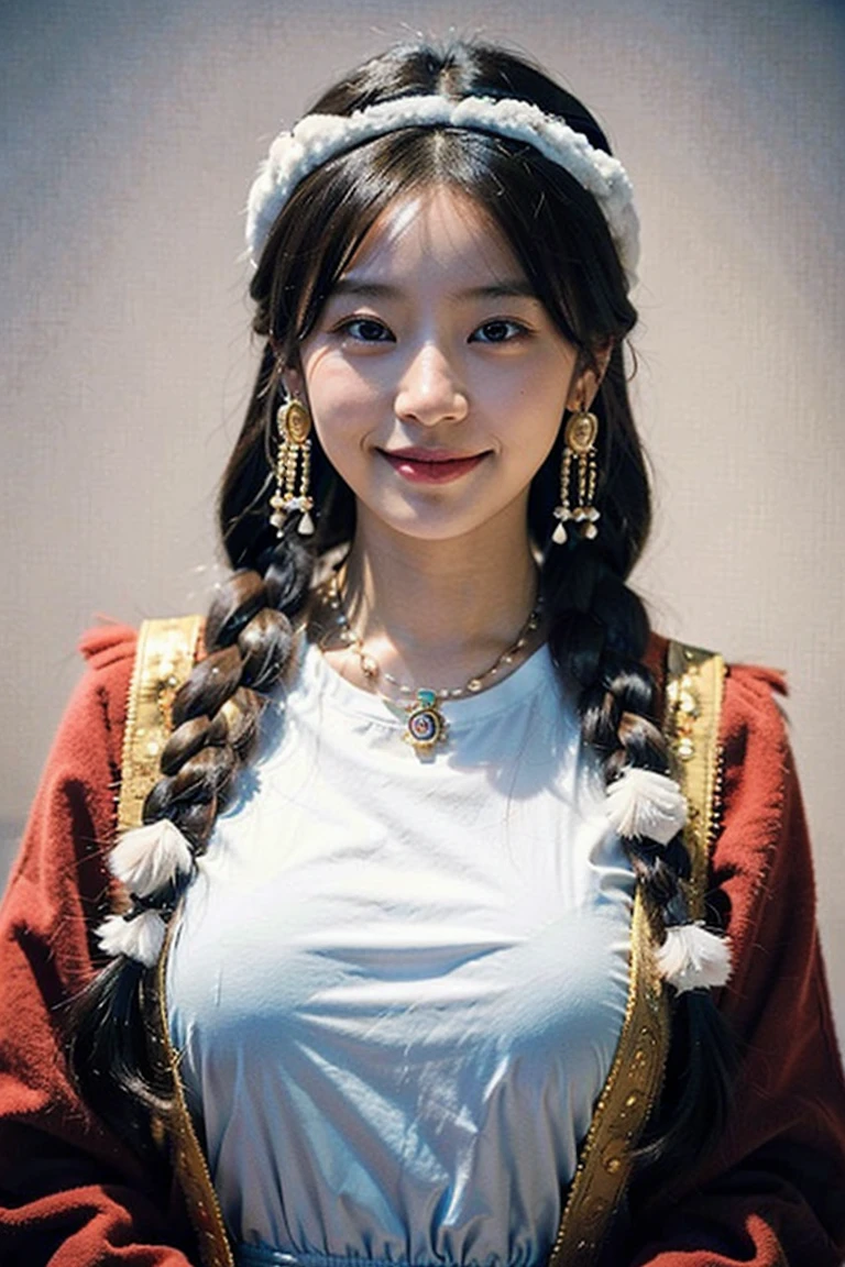 girl, long braids, チベットのgirl, close, head slightly raised, smile, bust photo, Upper body, Looks beyond Yang, gorgeous Tibetan costume, unwieldy Tibetan necklace, unwieldy Tibetan headdress, fuzz on clothes, white animal cold, real person CG, sweet style, movie style, HD 4K