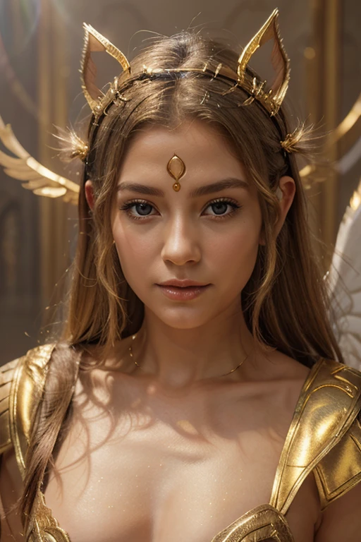 masterpiece, sadie sink and britney spears in one person, topless, as angel, with golden halo, with white wings, white robe, golden applications, ultra detailed, ultra realistic, realistic skin, very detailed background, 