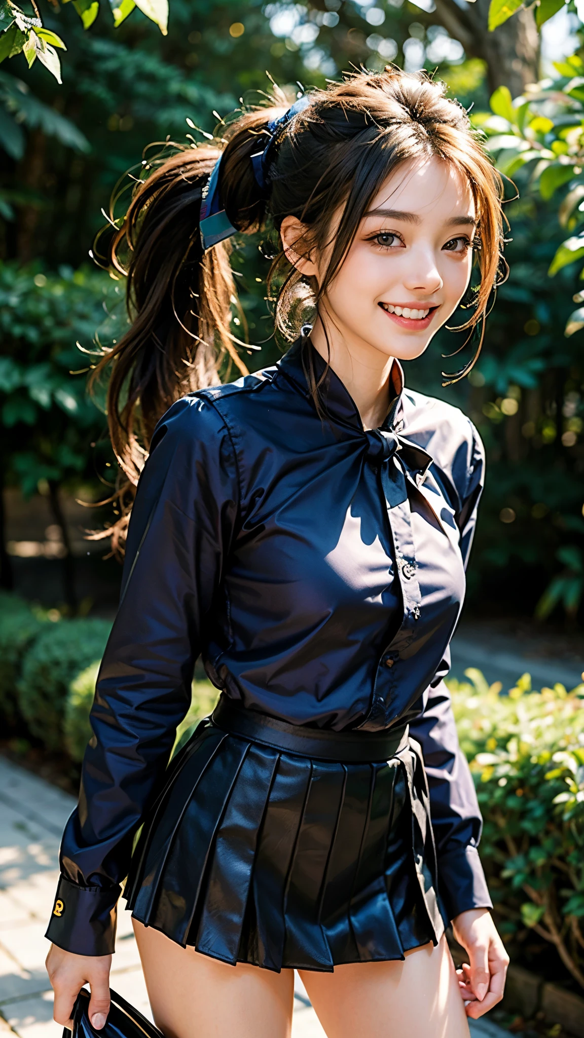 highest quality, masterpiece, ultra high resolution, (realistic:1.4), (front portrait) Raw photo, 1 girl, 20-year-old,slender,((Flared miniskirt uniform)),((ponytail and hair tie)),realistic,((Random stunning backgrounds)), Pi,((toothy smile)),