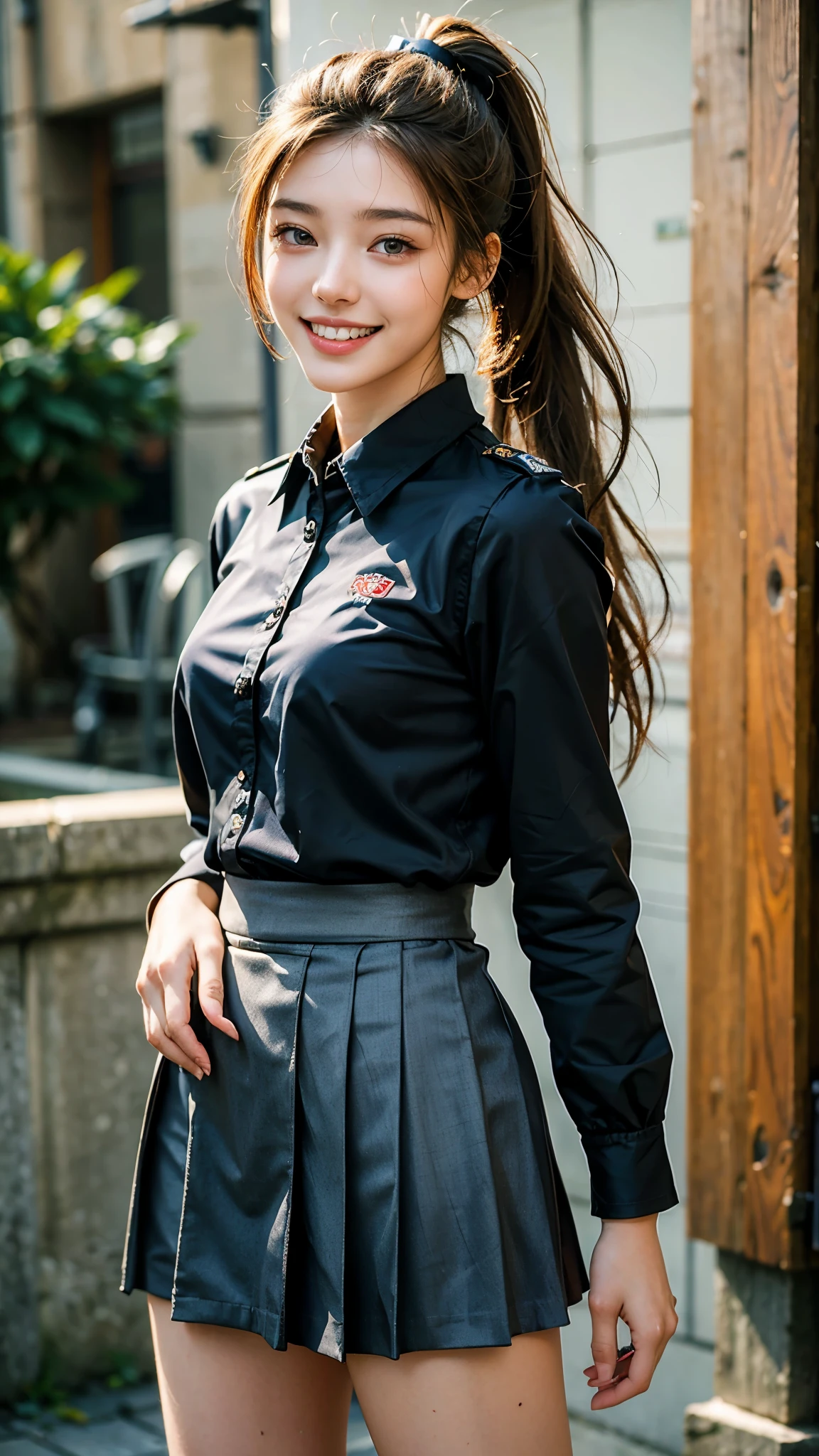highest quality, masterpiece, ultra high resolution, (realistic:1.4), (front portrait) Raw photo, 1 girl, 20-year-old,slender,((Flared miniskirt uniform)),((ponytail and hair tie)),realistic,((Random stunning backgrounds)), Pi,((toothy smile)),