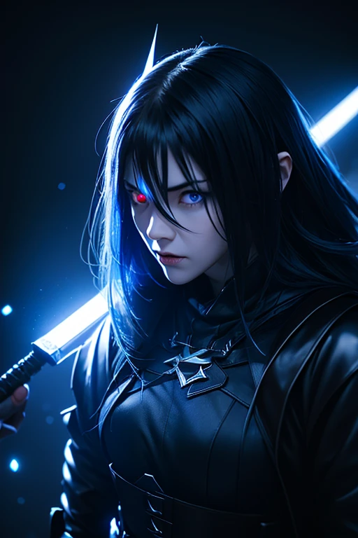 evil temperament, 18-year-old female shadow assassin, glowing black aura, blue hair, snak glowing eyes, eyes color red, devil white horns, black dengerus hell queen suit,the night war rages behind him, Highest image quality 8K,details everything 8K, god killer personality, with Excalibur lighting sword,